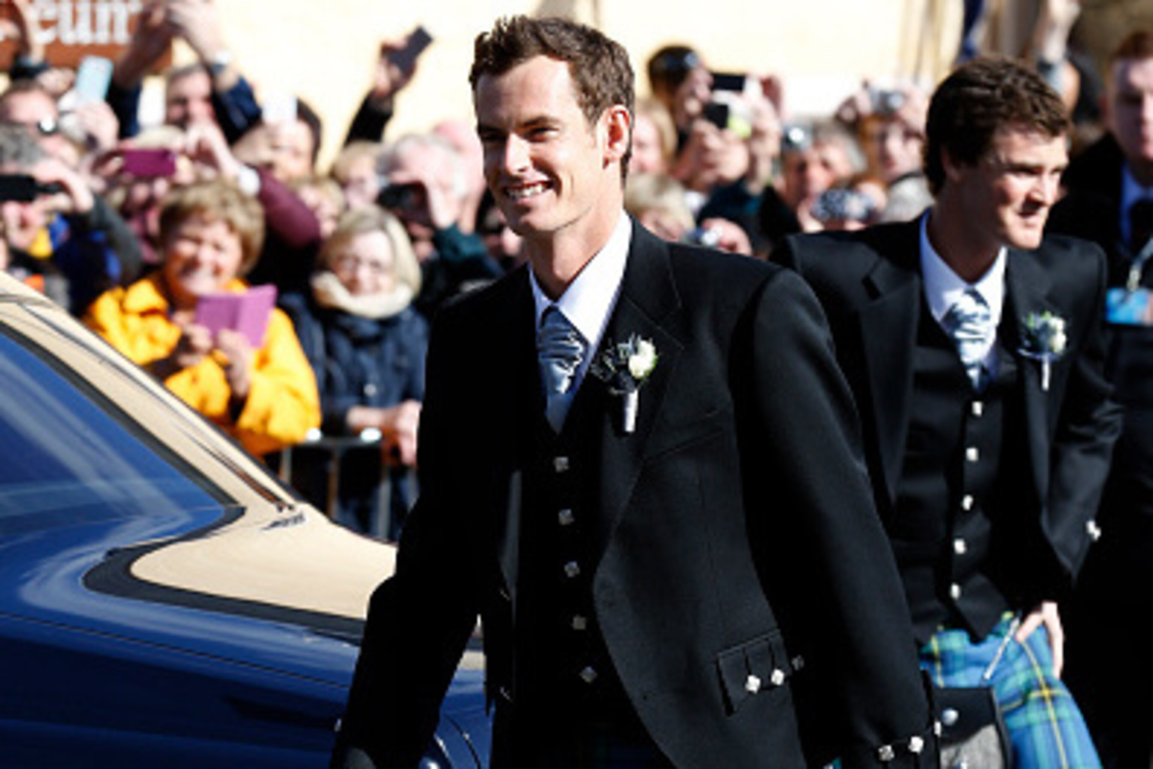 DUNBLANE, UNITED KINGDOM - APRIL 11: Andy Murray arrives at Dunblane Cathedral on his wedding day on April 11, 2015 in Dunblane, Scotland. (Photo by Alex Huckle/Getty Images)