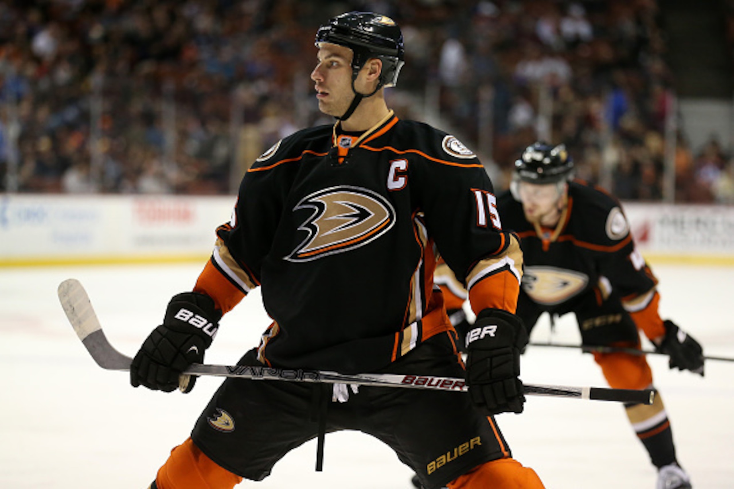 ANAHEIM, CA - APRIL 01:  Ryan Getzlaf #15 of the Anaheim Ducks waits to take a faceoff against the Edmonton Oilers at Honda Center on April 1, 2015 in Anaheim, California.  (Photo by Stephen Dunn/Getty Images)