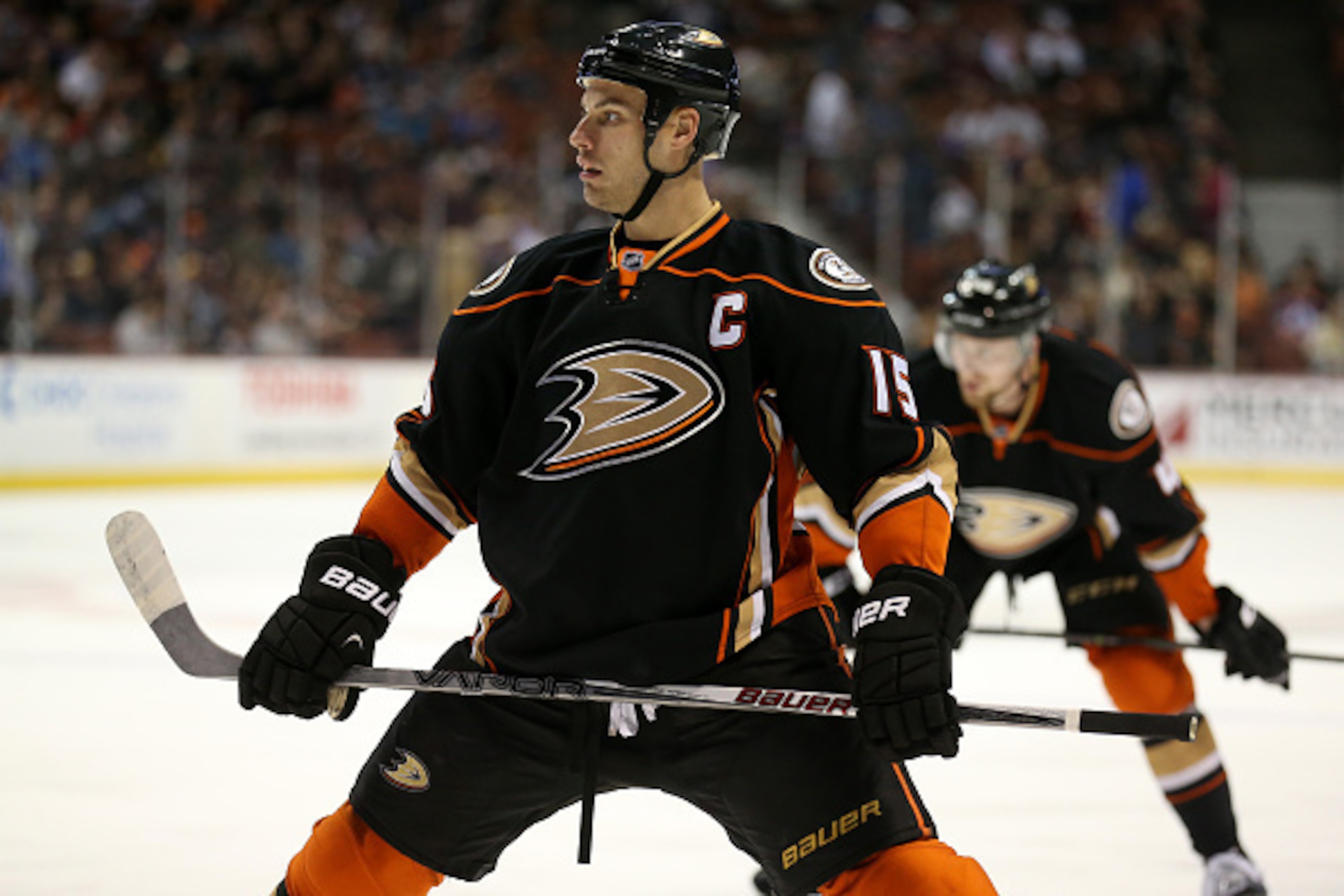 ANAHEIM, CA - APRIL 01:  Ryan Getzlaf #15 of the Anaheim Ducks waits to take a faceoff against the Edmonton Oilers at Honda Center on April 1, 2015 in Anaheim, California.  (Photo by Stephen Dunn/Getty Images)