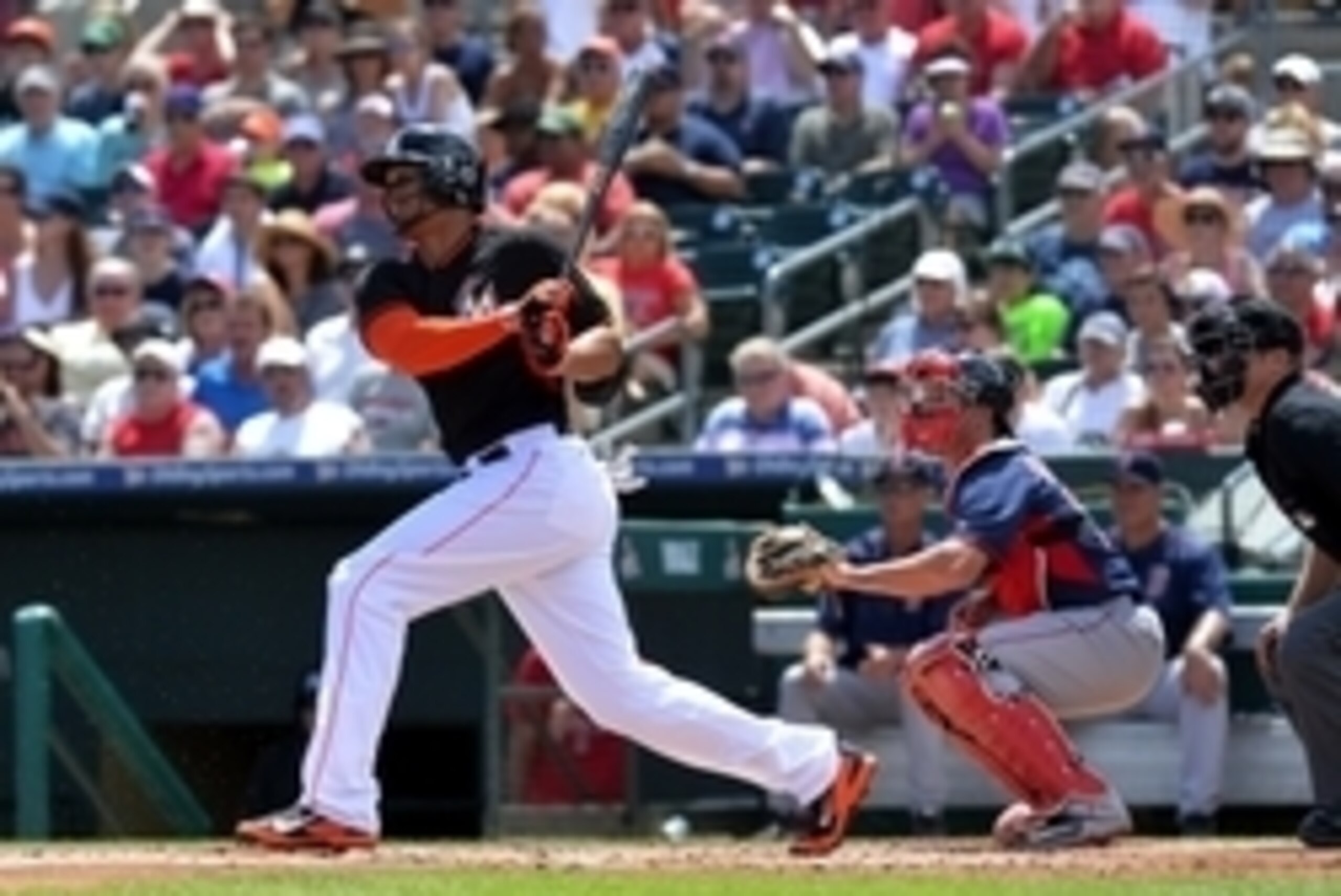 Mar 24, 2015; Jupiter, FL, USA; Miami Marlins right fielder Giancarlo Stanton (27) at bat against the Boston Red Sox at Roger Dean Stadium. Mandatory Credit: Steve Mitchell-USA TODAY Sports
