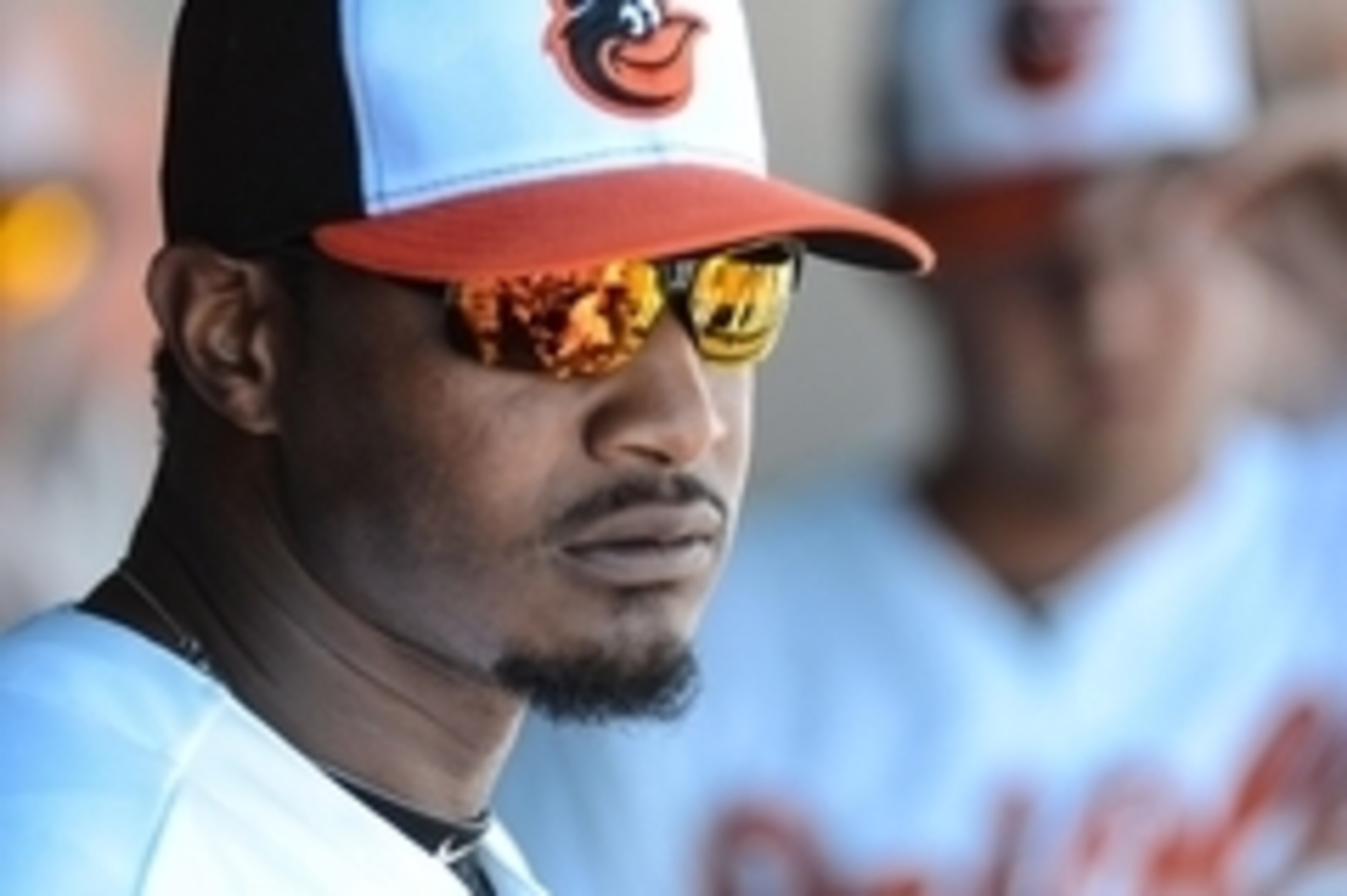 Mar 4, 2015; Sarasota, FL, USA; Baltimore Orioles outfielder Adam Jones (10) prepares to run onto the field before the start of a spring training baseball game against the Detroit Tigers at Ed Smith Stadium. Mandatory Credit: Jonathan Dyer-USA TODAY Sport