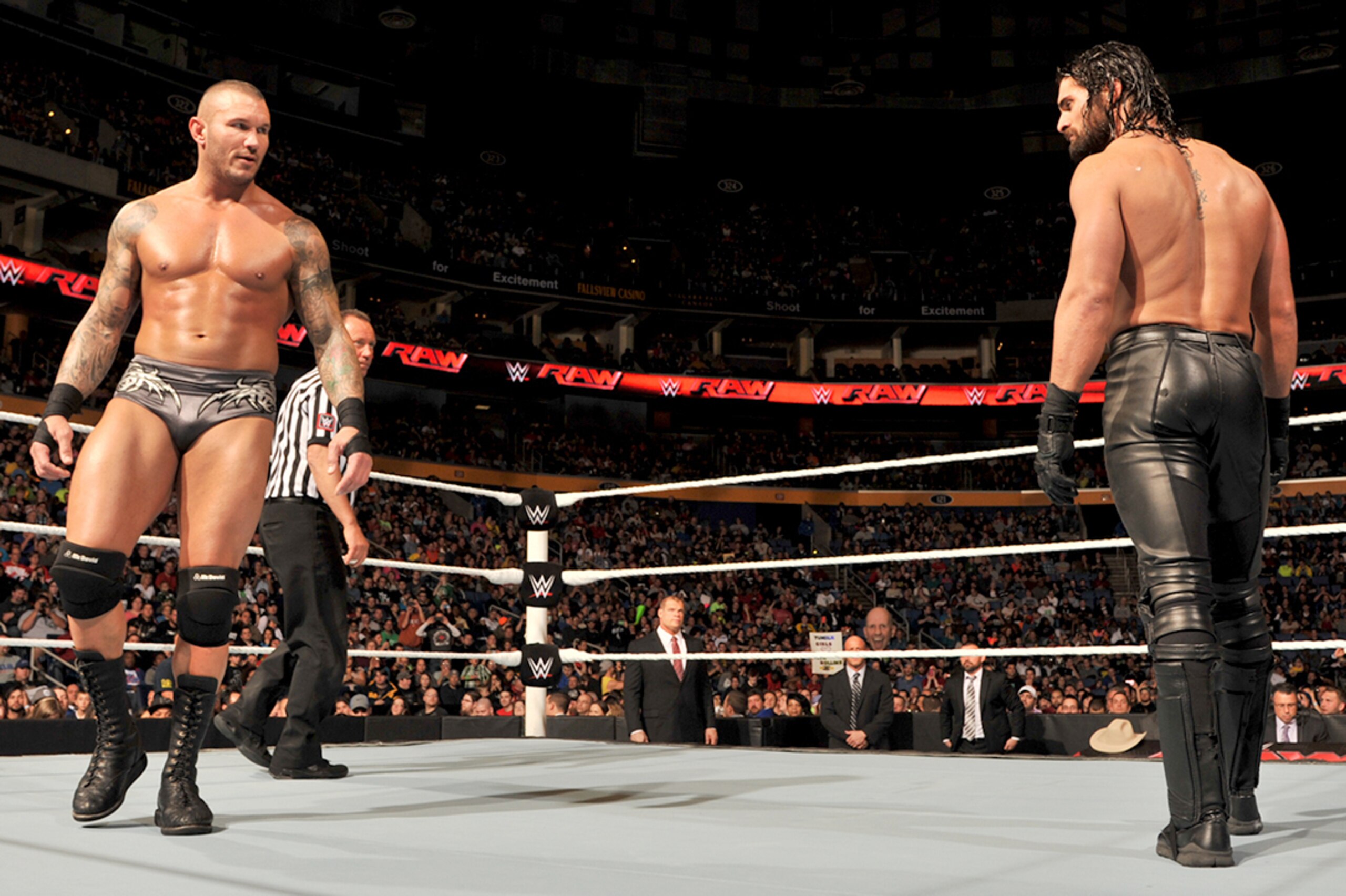 Randy Orton eyes Seth Rollins. Randy Orton eyes Seth Rollins.