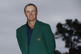 Apr 12, 2015; Augusta, GA, USA; Jordan Spieth in his green jacket after winning The Masters golf tournament at Augusta National Golf Club. Mandatory Credit: Rob Schumacher-USA TODAY Sports