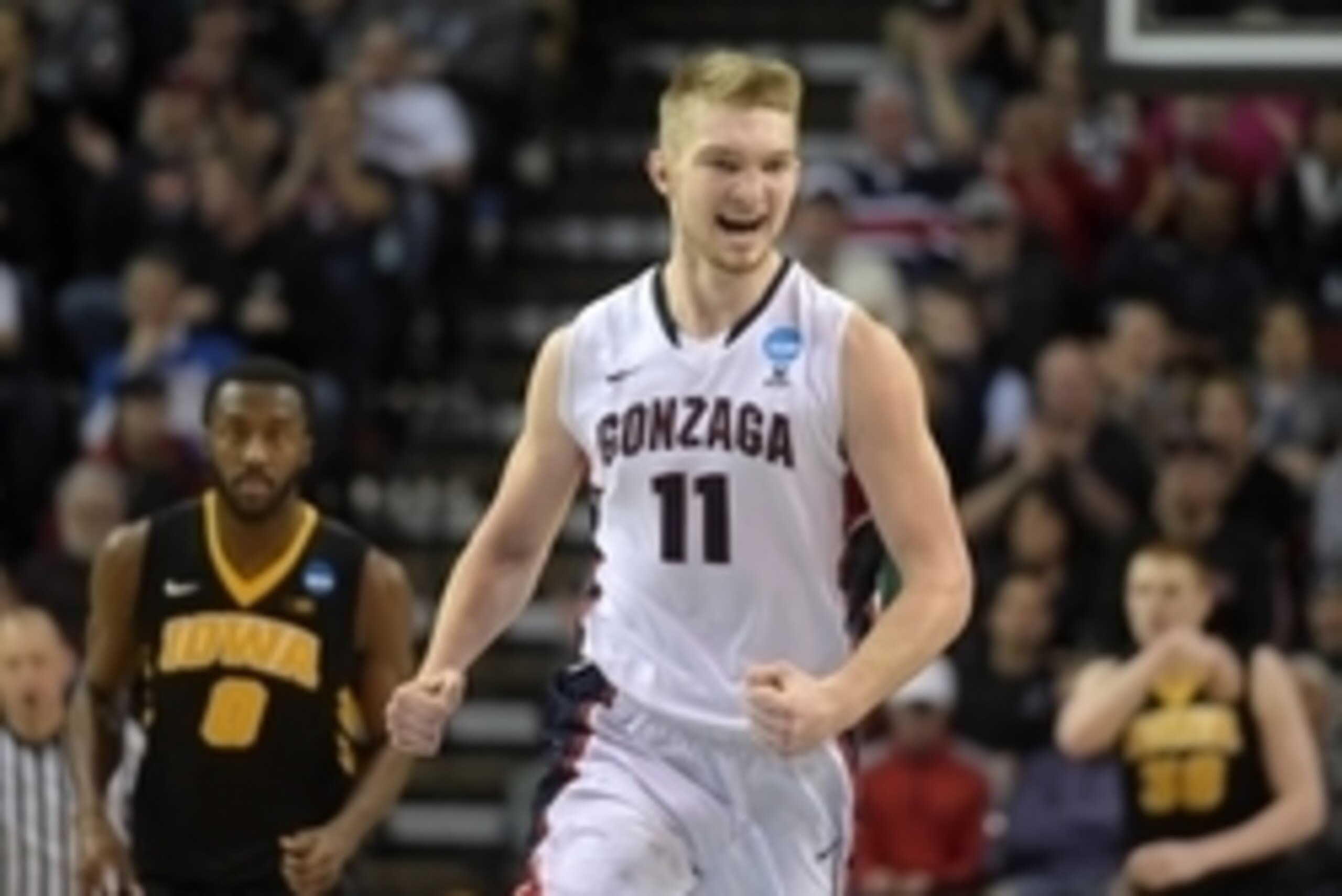 Mar 22, 2015; Seattle, WA, USA; Gonzaga Bulldogs forward Domantas Sabonis (11) celebrates against Iowa Hawkeyes in the third round of the 2015 NCAA Tournament at KeyArena. Mandatory Credit: Kirby Lee-USA TODAY Sports