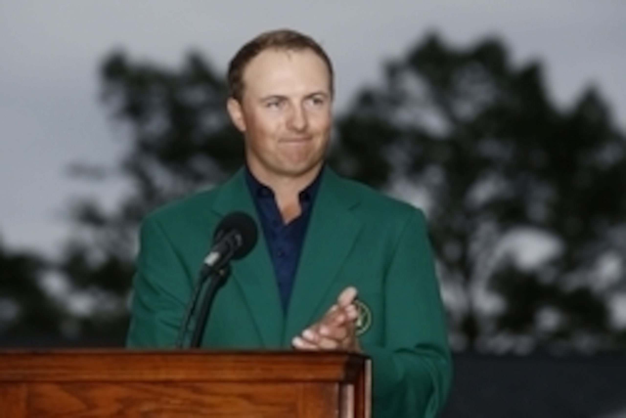 Apr 12, 2015; Augusta, GA, USA; Jordan Spieth speaks at the green jacket ceremony after winning The Masters golf tournament at Augusta National Golf Club. Mandatory Credit: Rob Schumacher-USA TODAY Sports