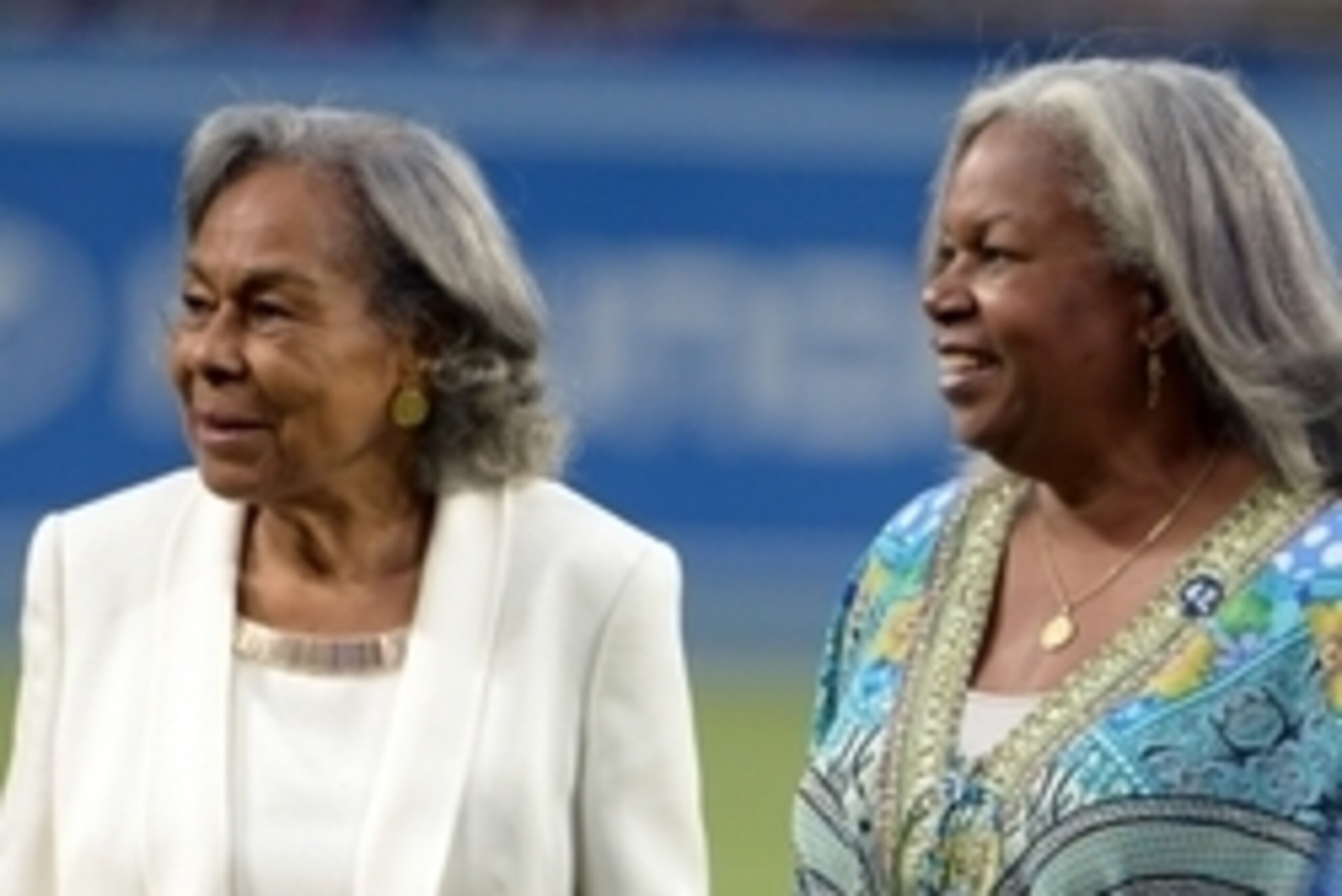 Apr 15, 2013; Los Angeles, CA, USA; Rachel Robinson (left) and Sharon Robinson attend the MLB game between the San Diego Padres and the Los Angeles Dodgers at Dodger Stadium. Rachel Robinson is the wife of the late Jackie Robinson and Sharon Robinson is h