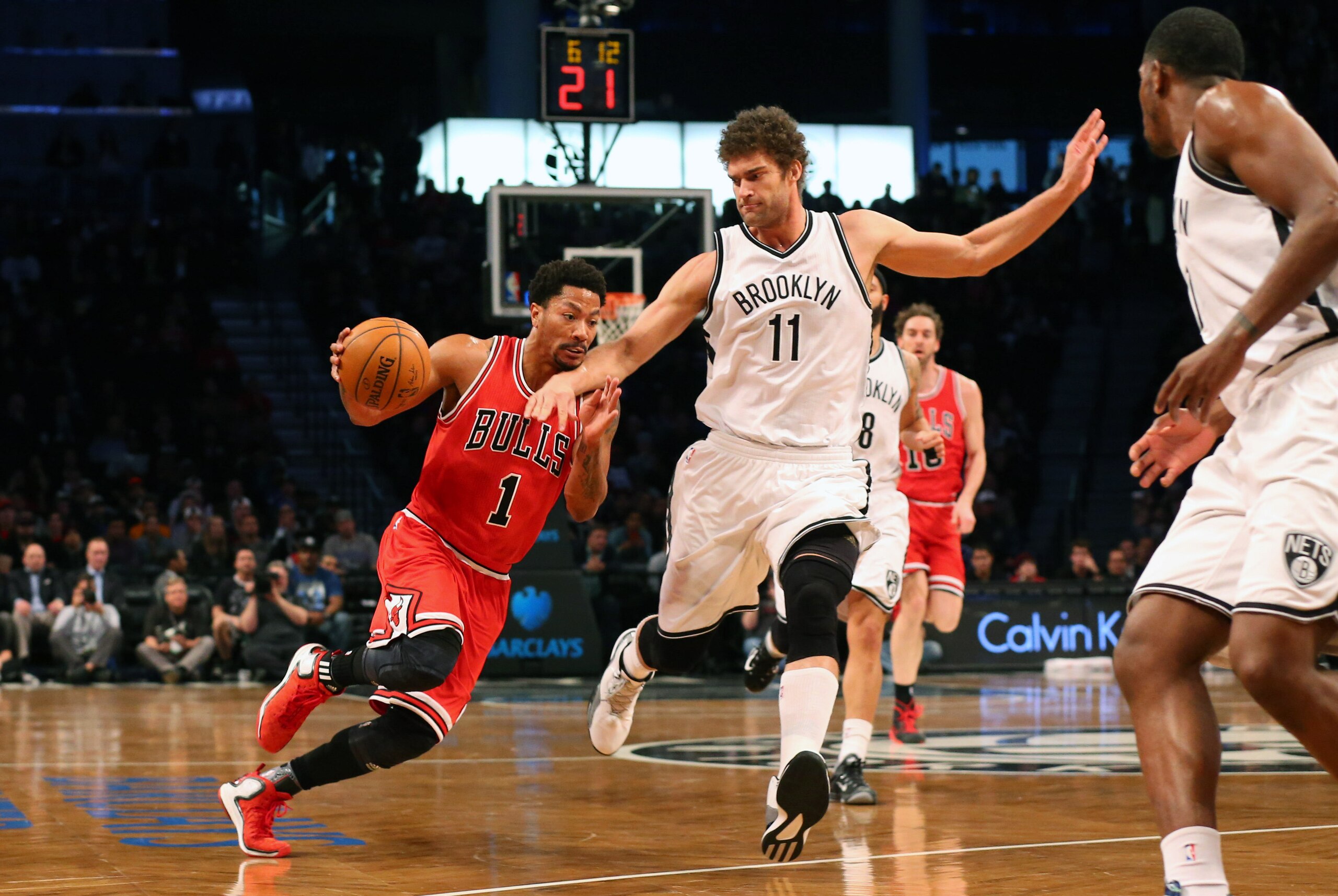 Apr 13, 2015; Brooklyn, NY, USA; Chicago Bulls guard Derrick Rose (1) drives past Brooklyn Nets center Brook Lopez (11) during the first quarter at Barclays Center. Mandatory Credit: Anthony Gruppuso-USA TODAY Sports Apr 13, 2015; Brooklyn, NY, USA; Chicago Bulls guard Derrick Rose (1) drives past Brooklyn Nets center Brook Lopez (11) during the first quarter at Barclays Center. Mandatory Credit: Anthony Gruppuso-USA TODAY Sports
