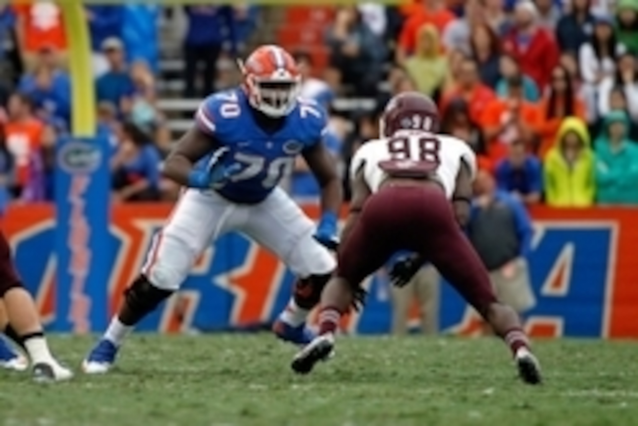 Nov 22, 2014; Gainesville, FL, USA Florida Gators offensive lineman D.J. Humphries (70) blocks during the second half against the Eastern Kentucky Colonels at Ben Hill Griffin Stadium. Florida Gators defeated the Eastern Kentucky Colonels 52-3. Mandatory Nov 22, 2014; Gainesville, FL, USA Florida Gators offensive lineman D.J. Humphries (70) blocks during the second half against the Eastern Kentucky Colonels at Ben Hill Griffin Stadium. Florida Gators defeated the Eastern Kentucky Colonels 52-3. Mandatory