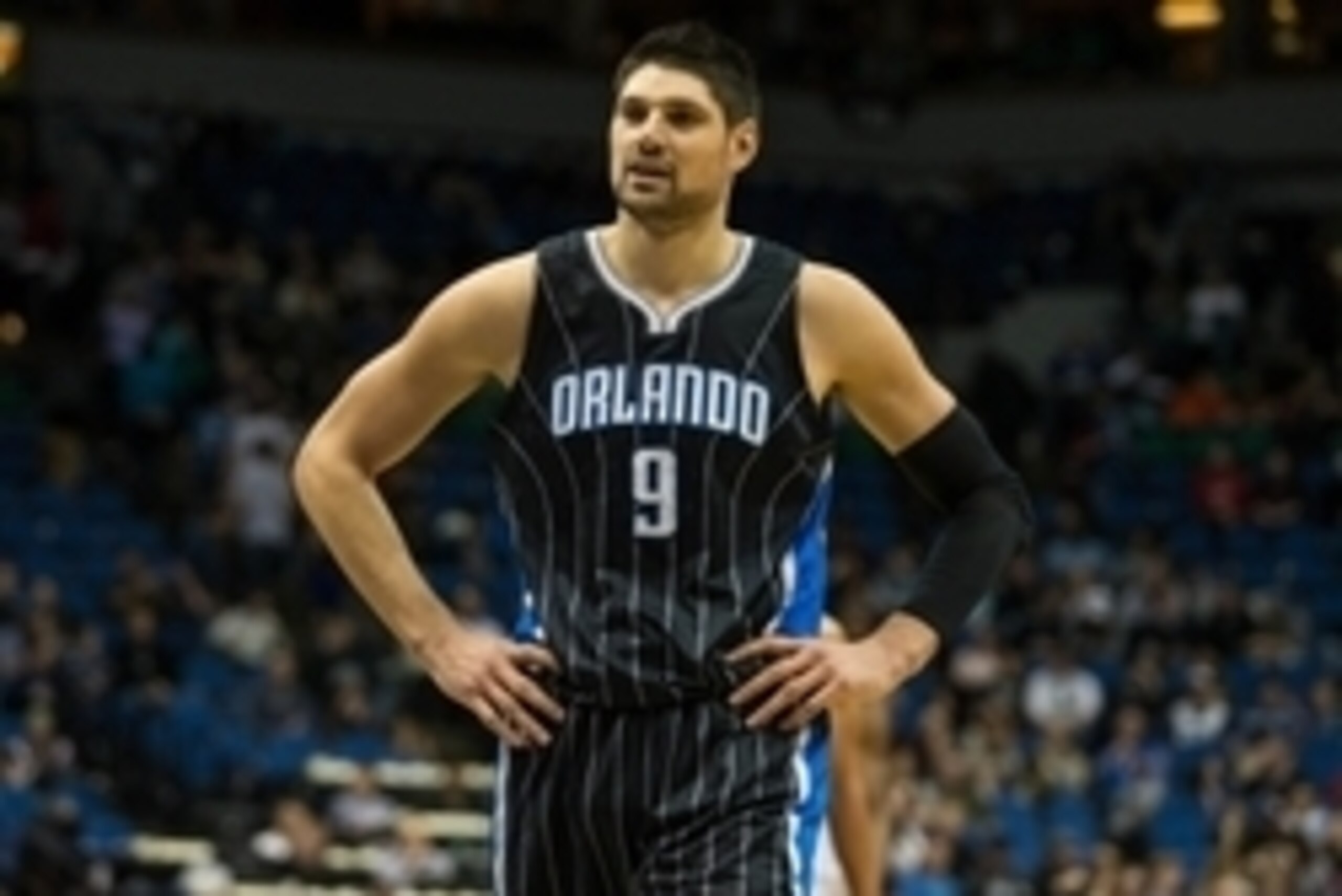 Apr 3, 2015; Minneapolis, MN, USA; Orlando Magic center Nikola Vucevic (9) against the Minnesota Timberwolves at Target Center. The Magic defeated Timberwolves 97-84. Mandatory Credit: Brace Hemmelgarn-USA TODAY Sports Apr 3, 2015; Minneapolis, MN, USA; Orlando Magic center Nikola Vucevic (9) against the Minnesota Timberwolves at Target Center. The Magic defeated Timberwolves 97-84. Mandatory Credit: Brace Hemmelgarn-USA TODAY Sports