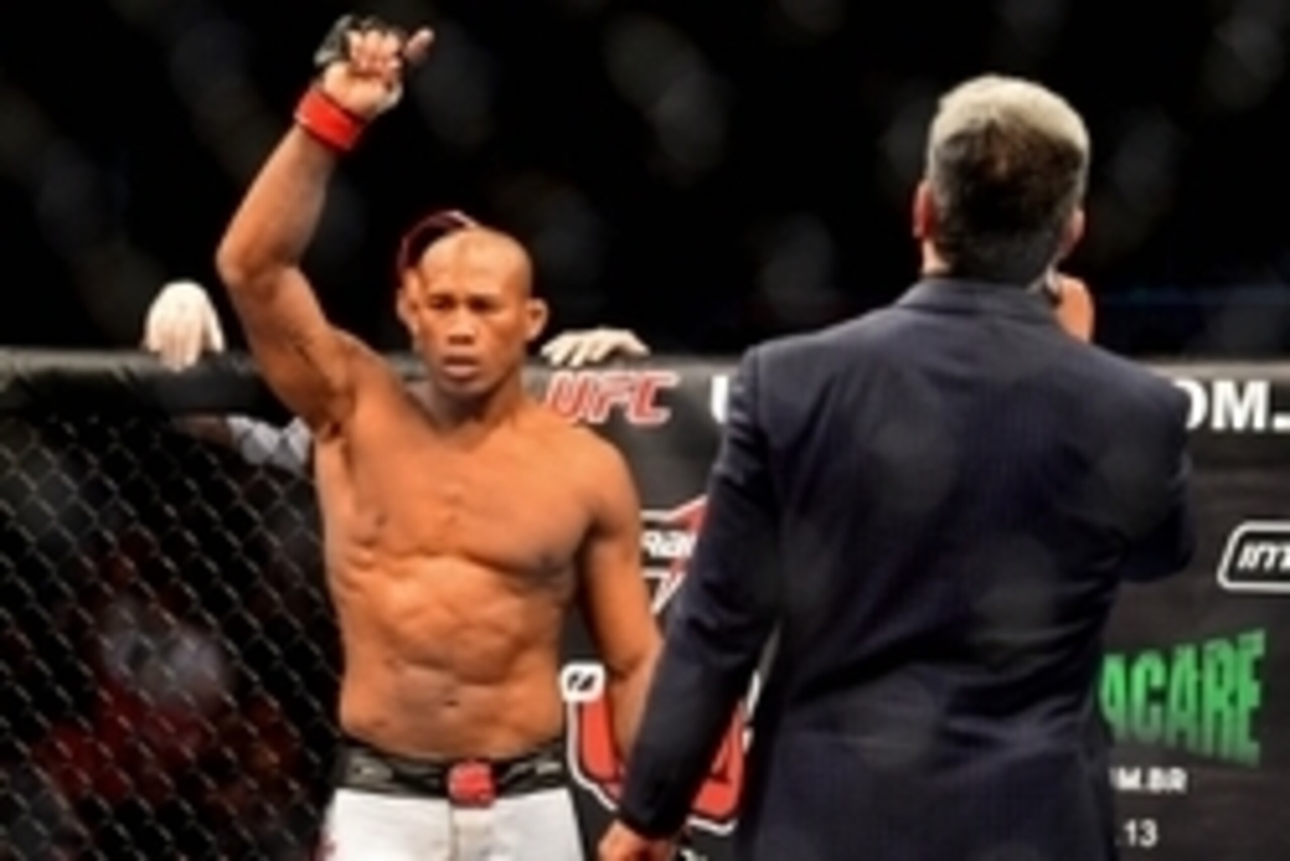 Feb 15, 2014; Jaragua do Sul, SC, Brazil; Ronaldo Souza (red gloves) before his fight against Francis Carmont (blue gloves) during UFC Fight Night Machida vs Mousasi at Arena Jaragua. Mandatory Credit: Jason Silva-USA TODAY Sports