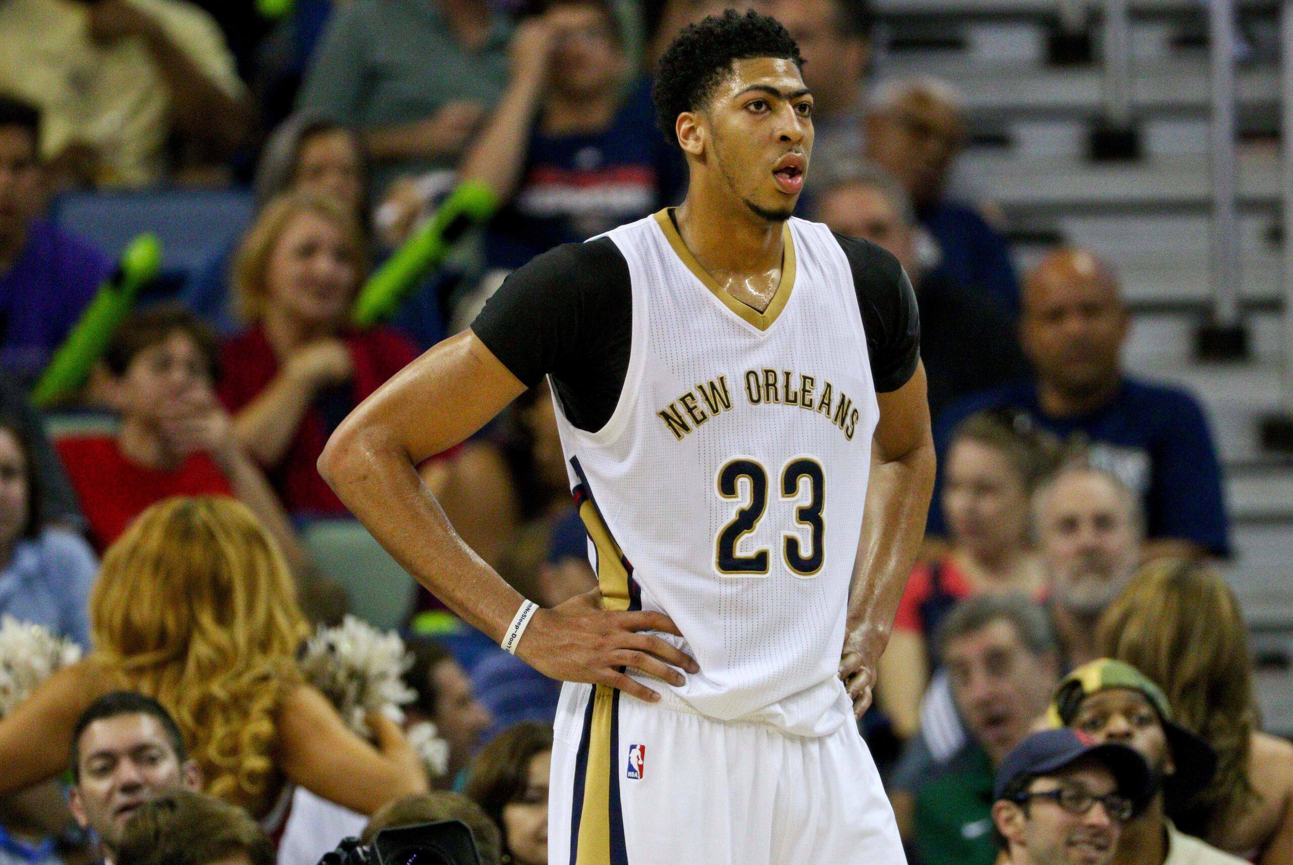 Apr 7, 2015; New Orleans, LA, USA; New Orleans Pelicans forward Anthony Davis (23) against the Golden State Warriors during a game at the Smoothie King Center. The Pelicans defeated the Warriors 103-100. Mandatory Credit: Derick E. Hingle-USA TODAY Sports