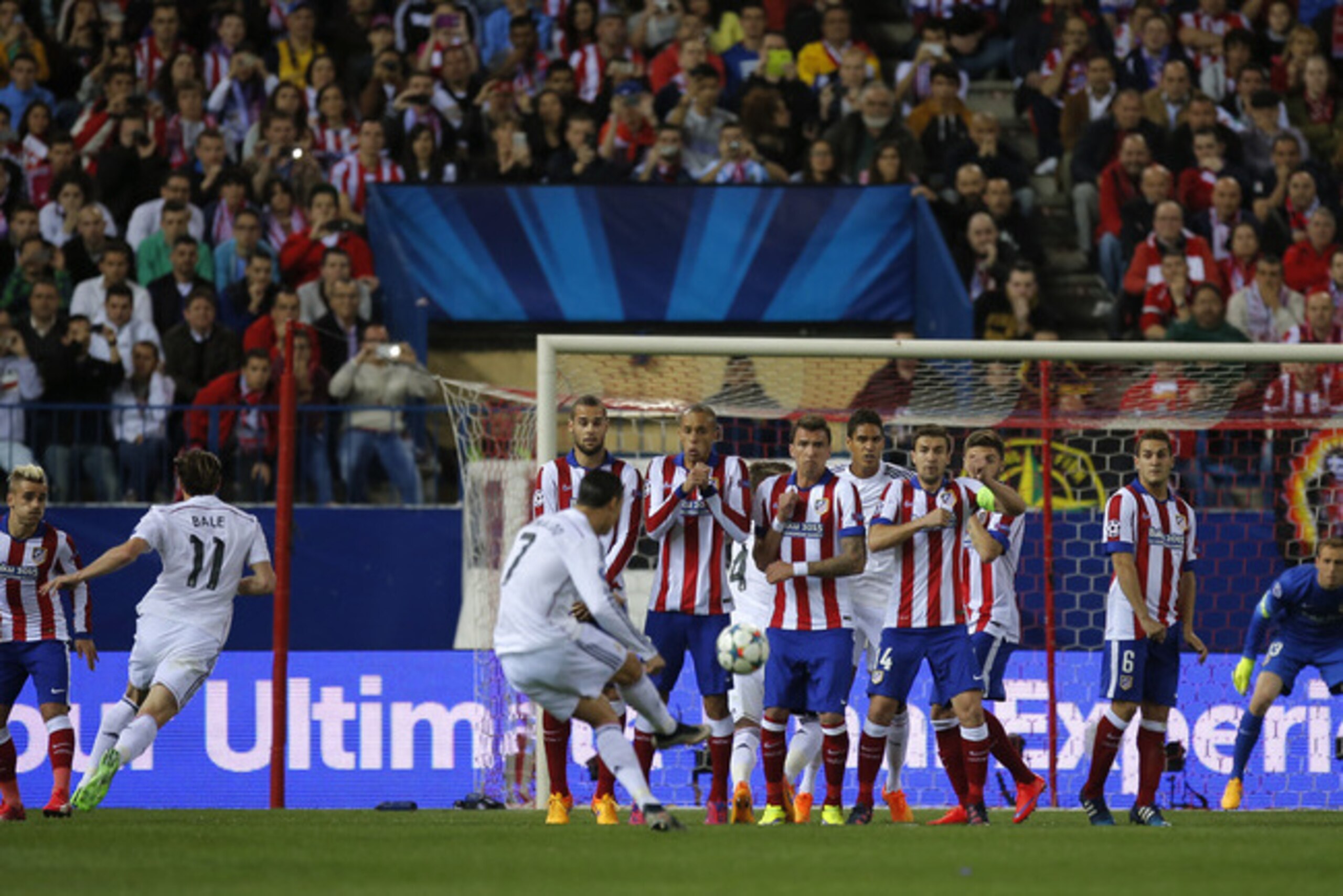 Ronaldo sees a free-kick attempt blocked by the wall during the first half.