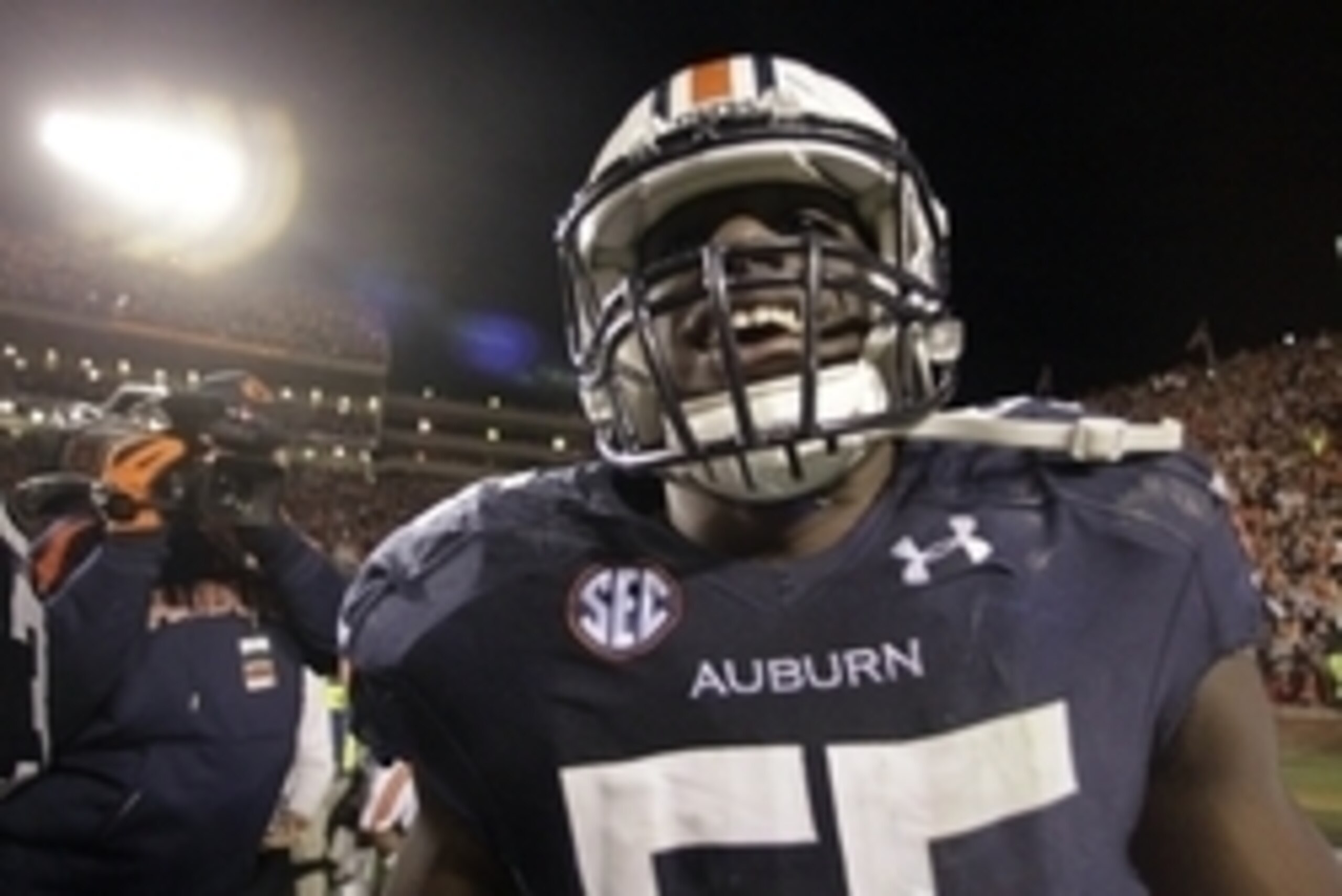 Nov 30, 2013; Auburn, AL, USA; Auburn Tigers defensive end Carl Lawson (55) reacts after defeating the Alabama Crimson Tide during the fourth quarter at Jordan Hare Stadium. Auburn Tigers won 34-28. Mandatory Credit: John Reed-USA TODAY Sports Nov 30, 2013; Auburn, AL, USA; Auburn Tigers defensive end Carl Lawson (55) reacts after defeating the Alabama Crimson Tide during the fourth quarter at Jordan Hare Stadium. Auburn Tigers won 34-28. Mandatory Credit: John Reed-USA TODAY Sports