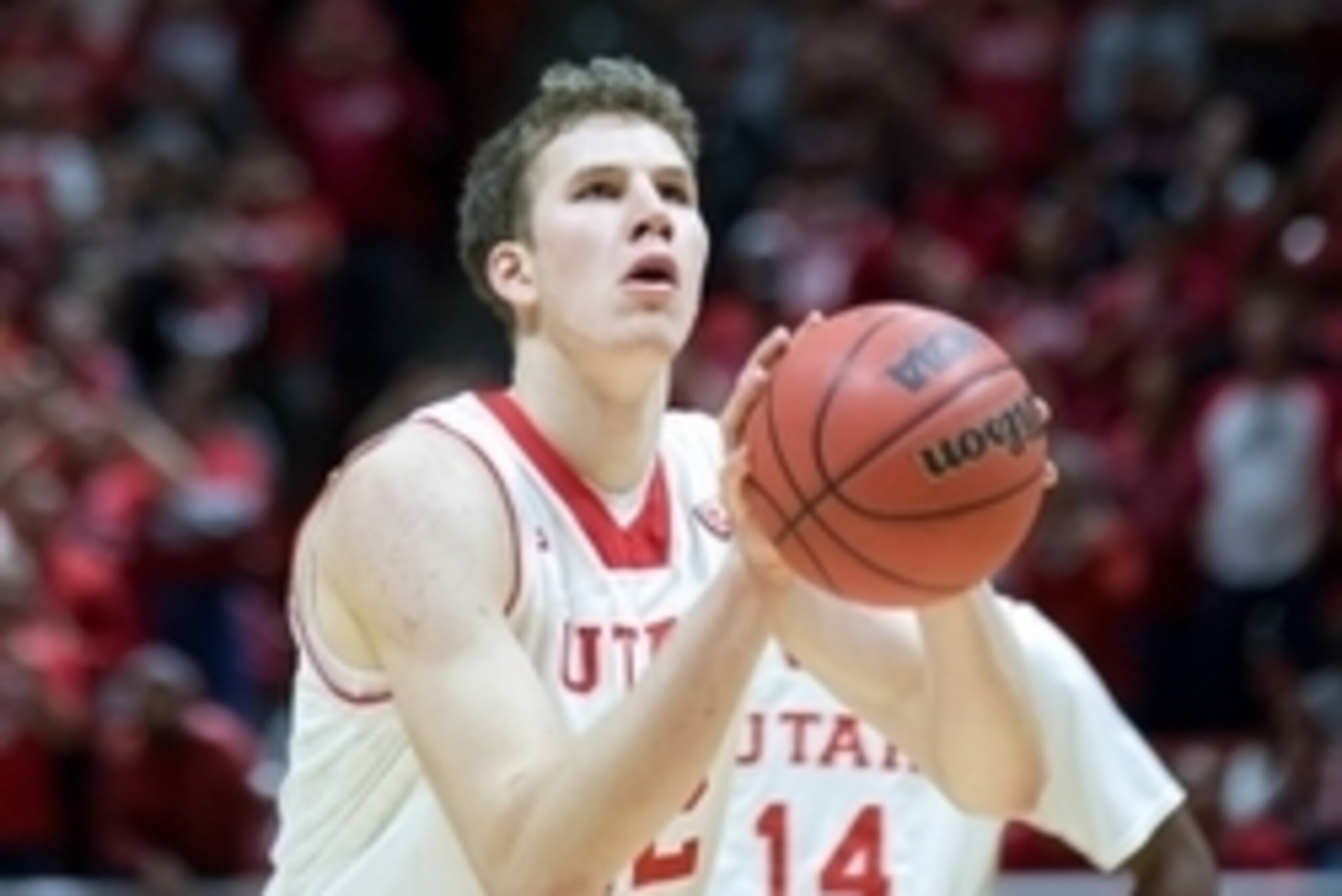 Jan 4, 2015; Salt Lake City, UT, USA; Utah Utes forward Jakob Poeltl (42) shoots a free throw during the second half against the UCLA Bruins at Jon M. Huntsman Center. Utah won 71-39. Mandatory Credit: Russ Isabella-USA TODAY Sports