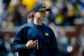 Apr 4, 2015; Ann Arbor, MI, USA; Michigan Wolverines head coach Jim Harbaugh is seen during the Spring football game at Michigan Stadium. Mandatory Credit: Rick Osentoski-USA TODAY Sports