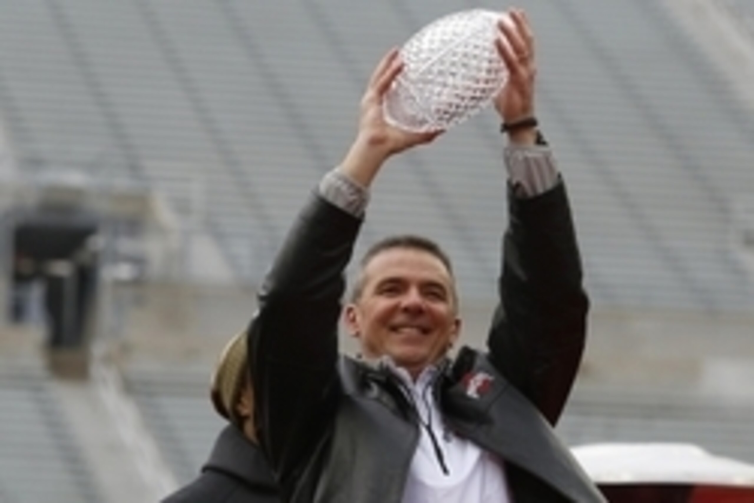 Jan 24, 2015; Columbus, OH, USA; Ohio State Buckeyes head coach Urban Meyer with the Coaches Trophy during the national championship celebration at Ohio Stadium. Mandatory Credit: Joe Maiorana-USA TODAY Sports