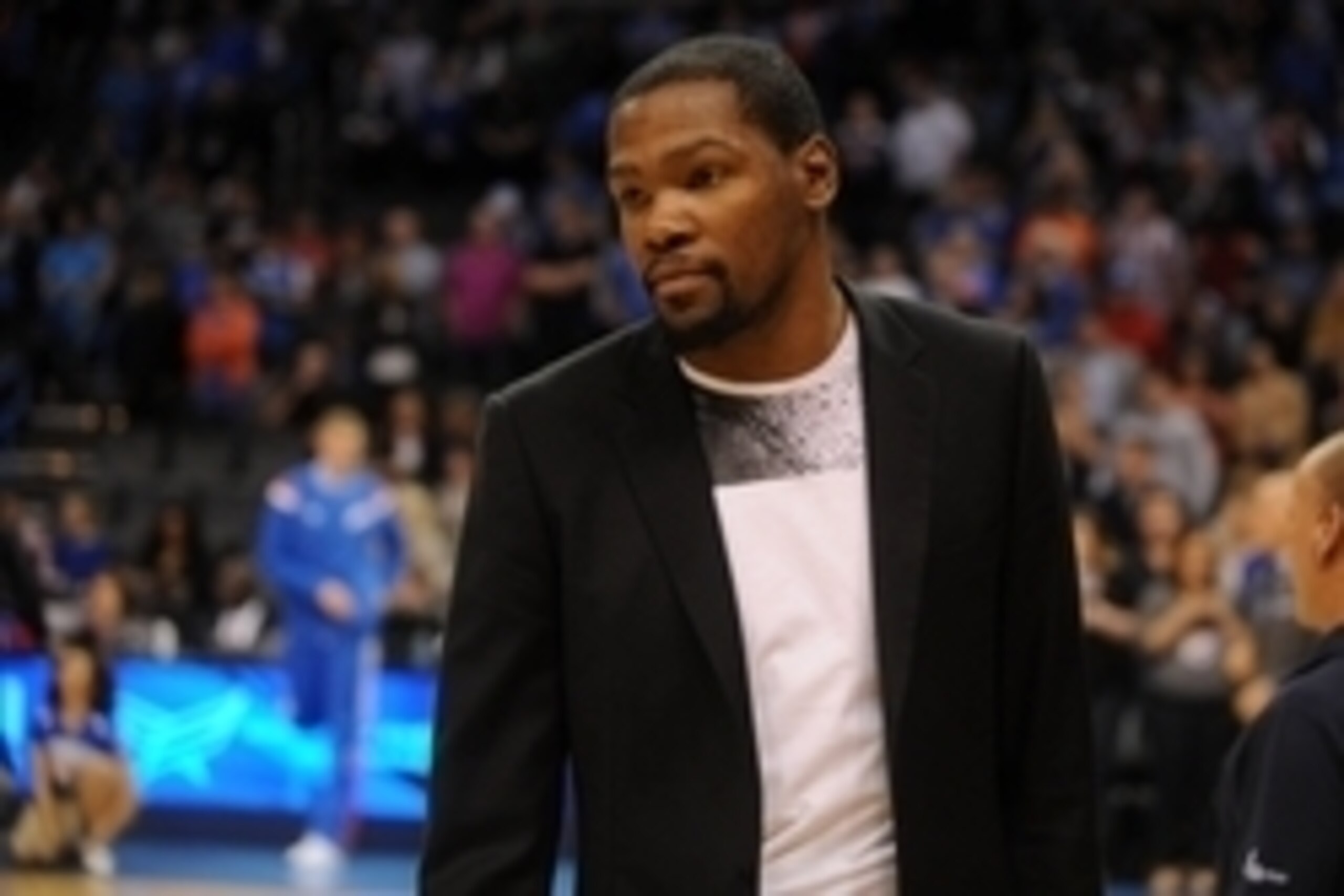 Mar 20, 2015; Oklahoma City, OK, USA; Oklahoma City Thunder forward Kevin Durant (35) is seen on the floor prior to action against the Atlanta Hawks at Chesapeake Energy Arena. Mandatory Credit: Mark D. Smith-USA TODAY Sports