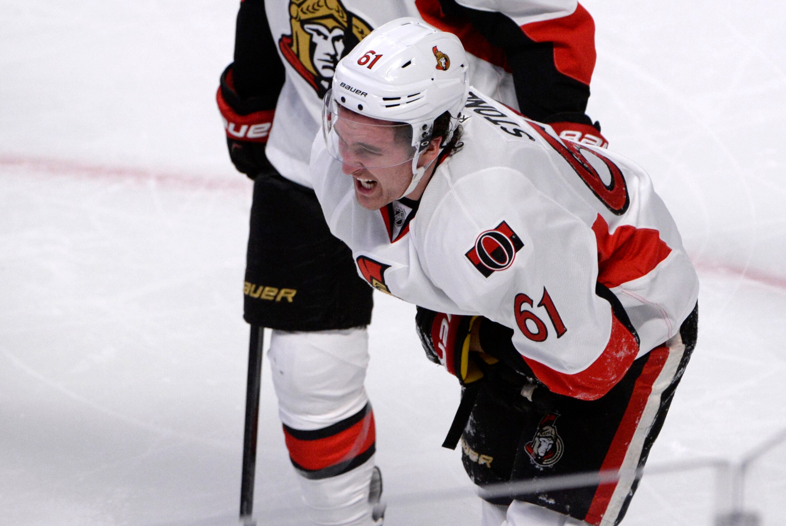 Apr 15, 2015; Montreal, Quebec, CAN; Ottawa Senators forward Mark Stone (61) reacts after getting slashed by Montreal Canadiens defenseman P.K. Subban (not pictured) during the second period in game one of the first round of the the 2015 Stanley Cup Playo