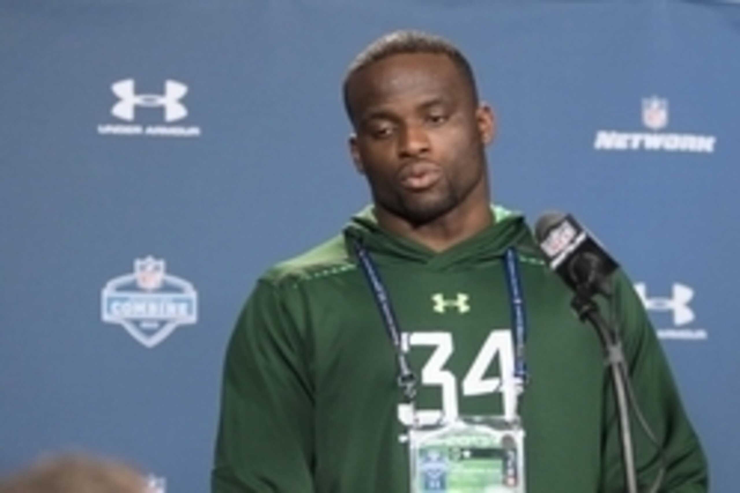 Feb 20, 2015; Indianapolis, IN, USA; UCLA defensive lineman Owamagbe Odighizuwa speaks to the media at the 2015 NFL Combine at Lucas Oil Stadium. Mandatory Credit: Trevor Ruszkowski-USA TODAY Sports
