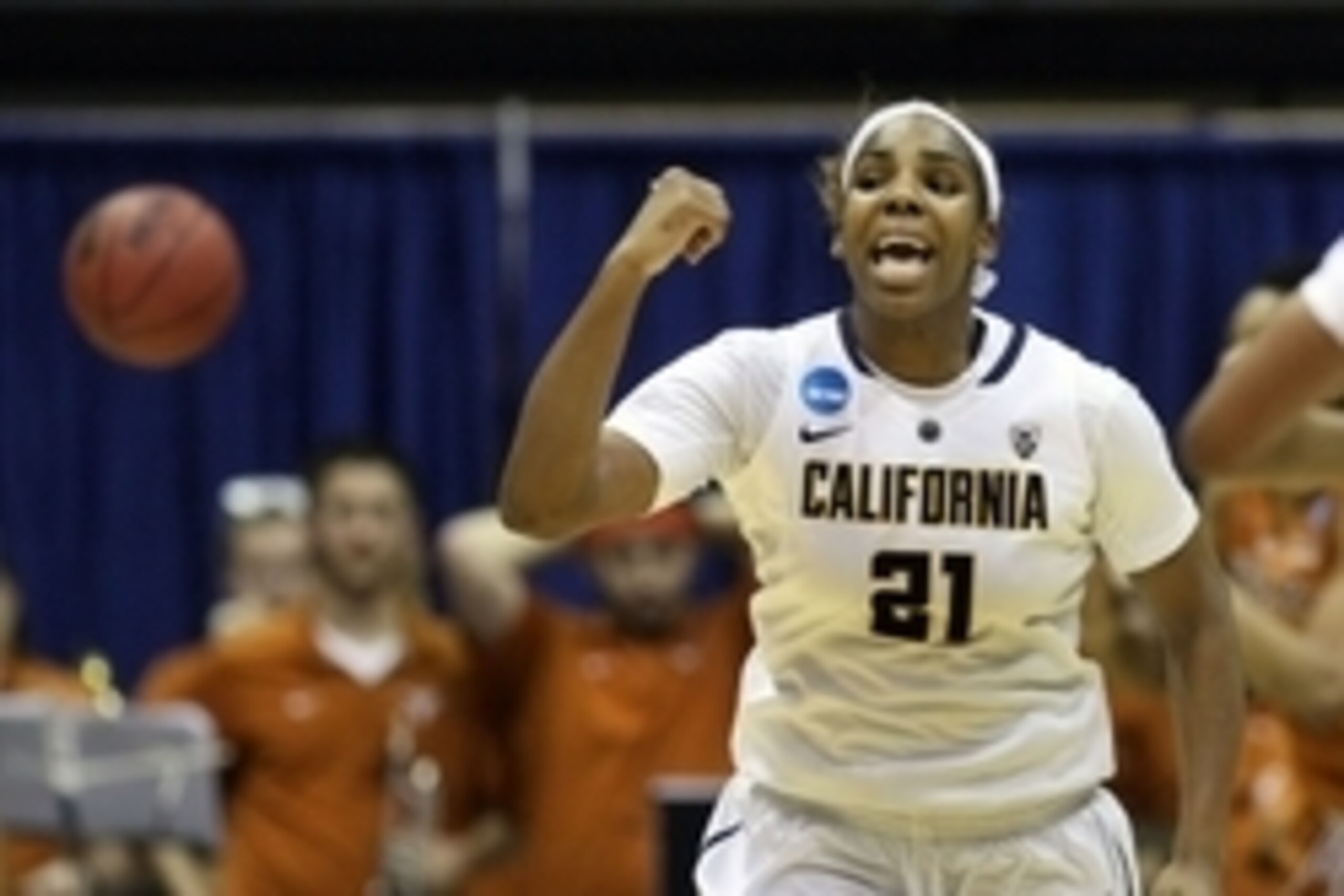 Mar 22, 2015; Berkley, CA, USA; California forward Reshanda Gray (21) celebrates a three point basket against the Texas Longhorns in the first half of their game in the second round of the women's NCAA Tournament at Hass Pavilion. Mandatory Credit: Lance 