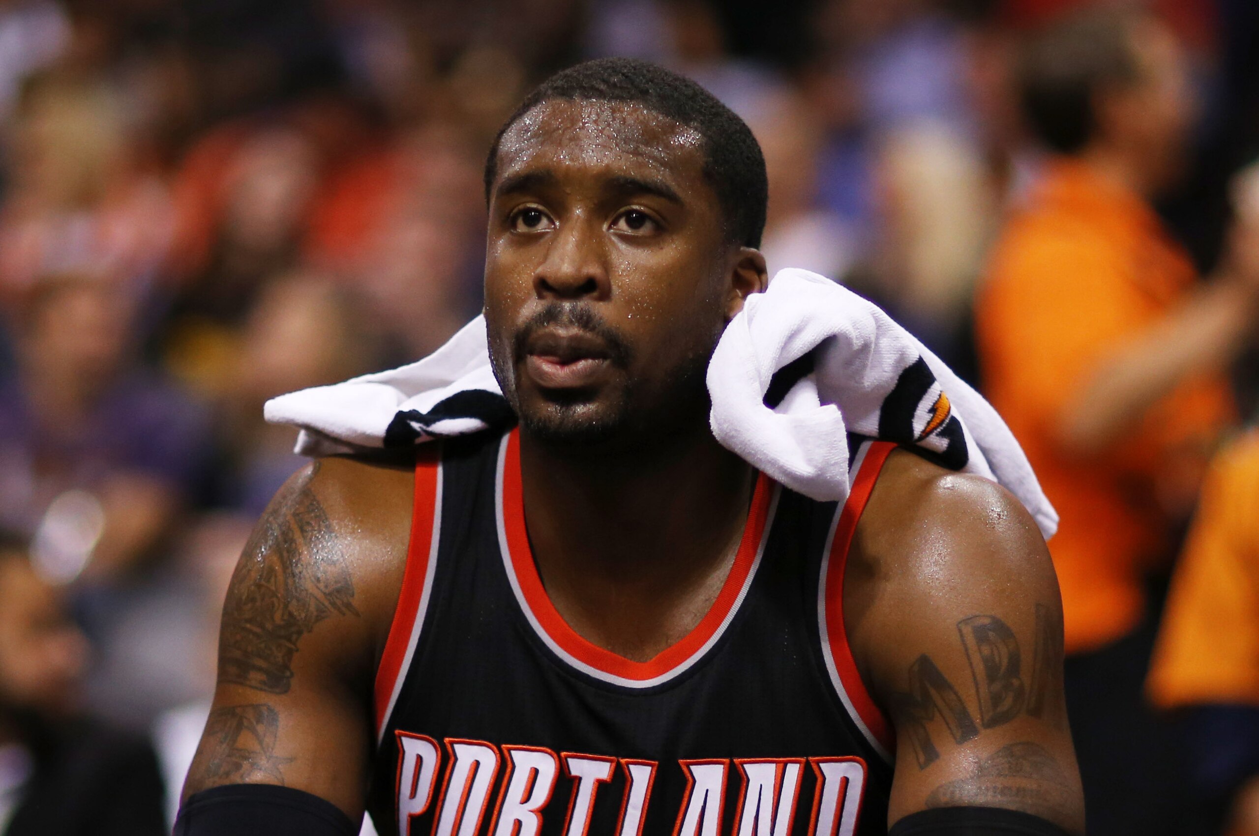 Jan 21, 2015; Phoenix, AZ, USA; Portland Trail Blazers guard Wesley Matthews (2) against the Phoenix Suns at US Airways Center. The Suns defeated the Blazers 118-113. Mandatory Credit: Mark J. Rebilas-USA TODAY Sports