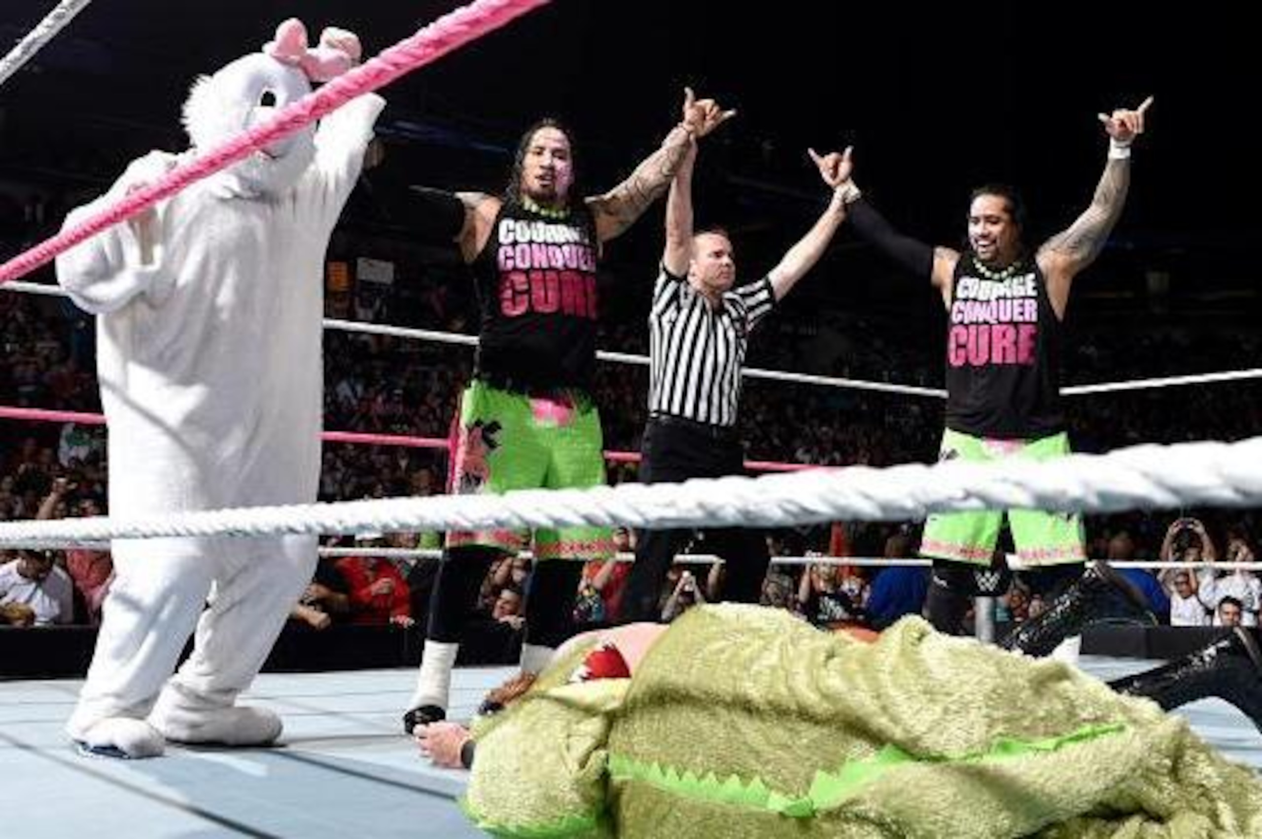 The Bunny celebrates with The Usos.