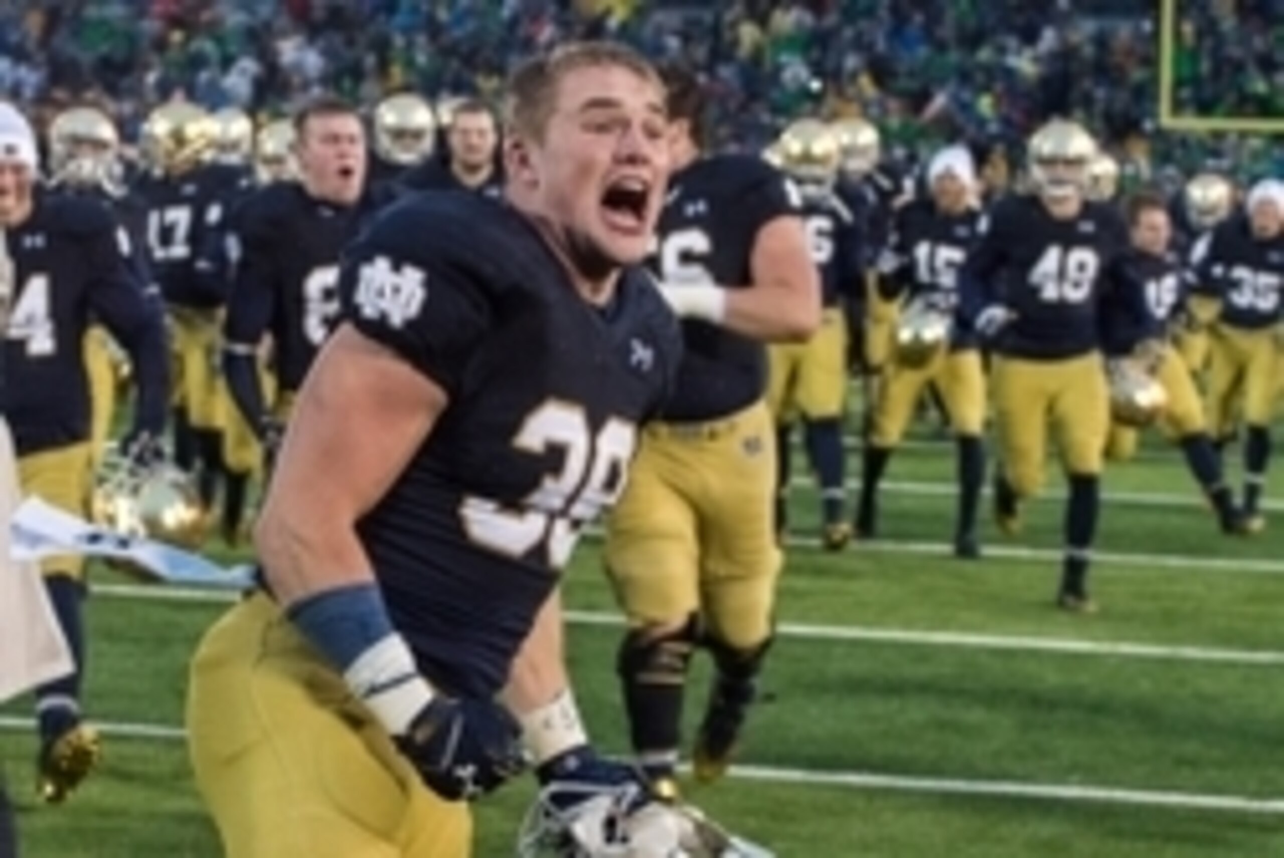 Oct 4, 2014; South Bend, IN, USA; Notre Dame Fighting Irish linebacker Joe Schmidt (38) reacts after Notre Dame defeated the Stanford Cardinal 17-14 at Notre Dame Stadium. Mandatory Credit: Matt Cashore-USA TODAY Sports