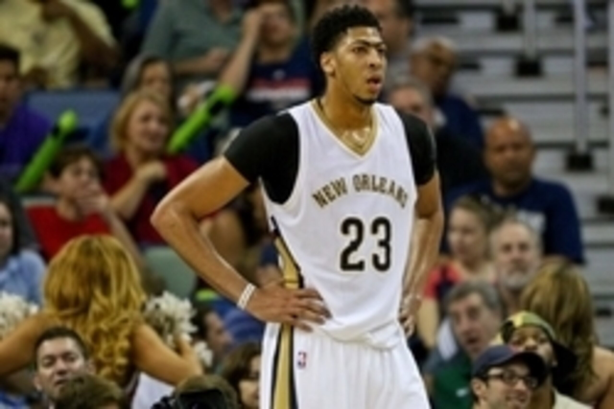 Apr 7, 2015; New Orleans, LA, USA; New Orleans Pelicans forward Anthony Davis (23) against the Golden State Warriors during a game at the Smoothie King Center. The Pelicans defeated the Warriors 103-100. Mandatory Credit: Derick E. Hingle-USA TODAY Sports