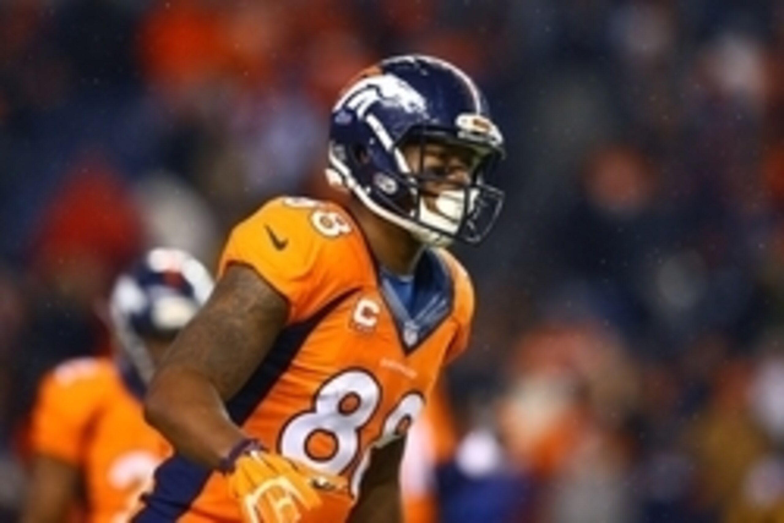 Jan 11, 2015; Denver, CO, USA; Denver Broncos wide receiver Demaryius Thomas (88) against the Indianapolis Colts in the 2014 AFC Divisional playoff football game at Sports Authority Field at Mile High. The Colts defeated the Broncos 24-13. Mandatory Credi