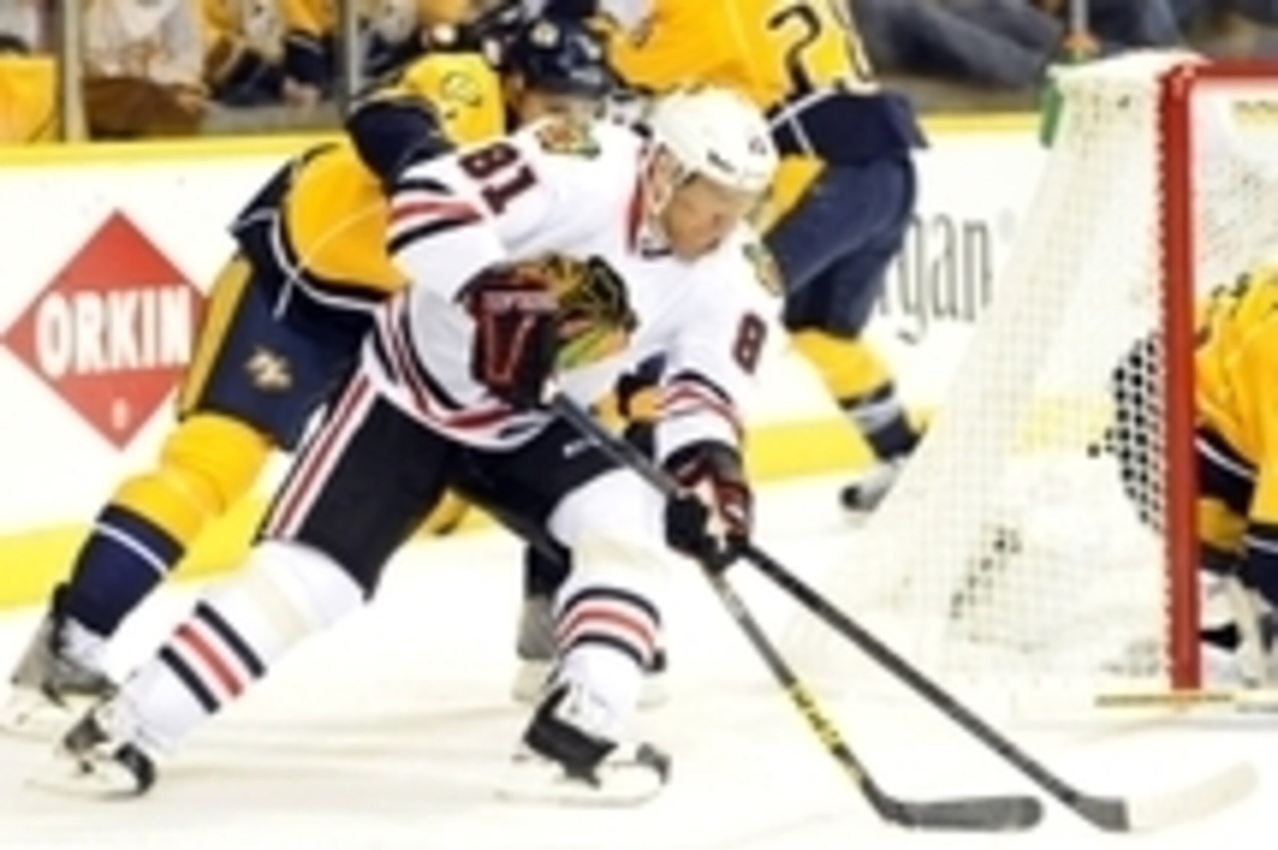 Apr 15, 2015; Nashville, TN, USA; Chicago Blackhawks right winger Marian Hossa (81) skates with the puck during the first period against the Nashville Predators in game one of the first round of the the 2015 Stanley Cup Playoffs at Bridgestone Arena. Mand
