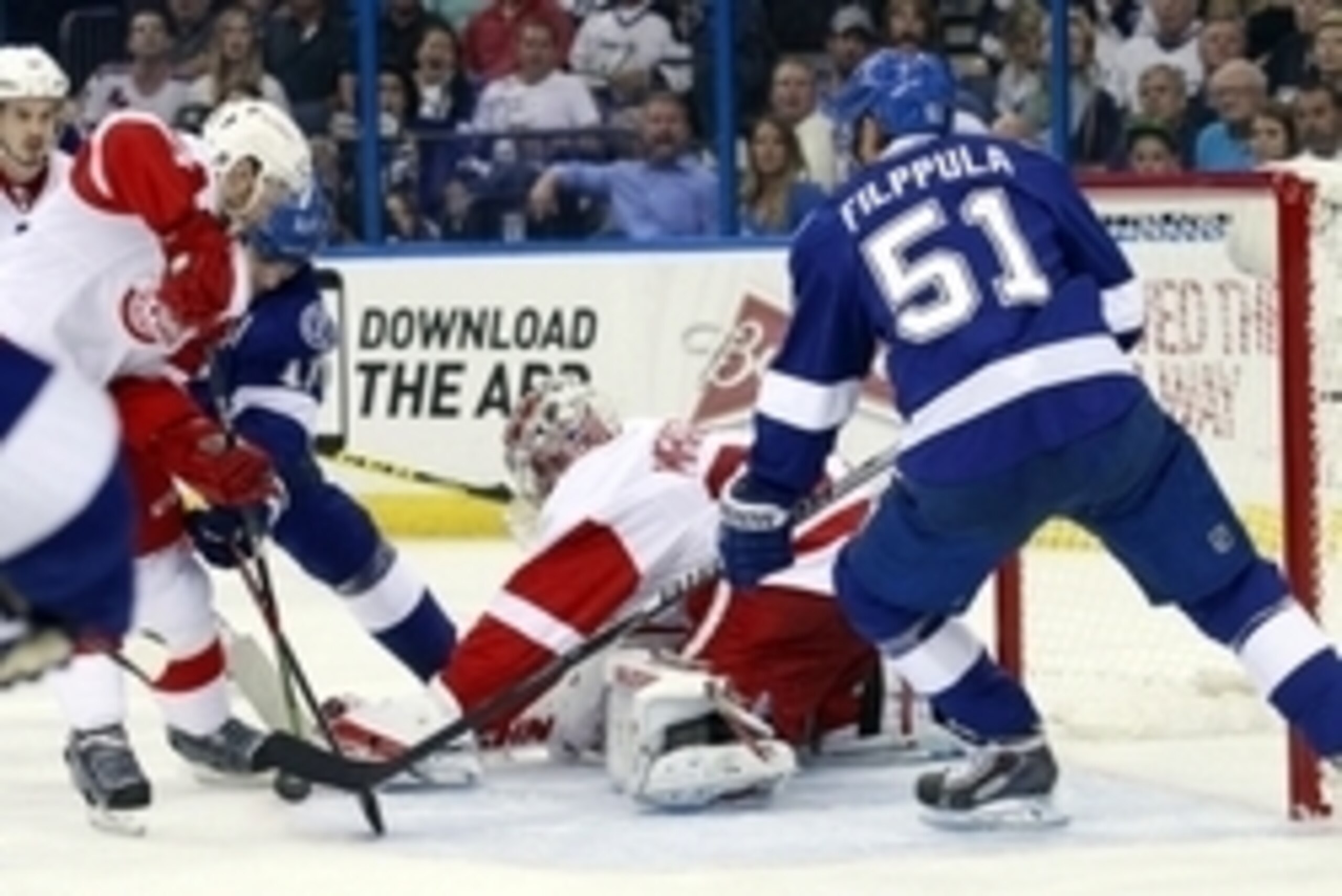 Apr 16, 2015; Tampa, FL, USA; Detroit Red Wings goalie Petr Mrazek (34) makes a save against the Tampa Bay Lightning during the second period in game one of the first round of the the 2015 Stanley Cup Playoffs at Amalie Arena. Mandatory Credit: Kim Klemen