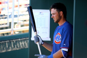 Mar 10, 2015; Goodyear, AZ, USA; Chicago Cubs third baseman Kris Bryant against the Cleveland Indians during a spring training baseball game at Goodyear Ballpark. Mandatory Credit: Mark J. Rebilas-USA TODAY Sports