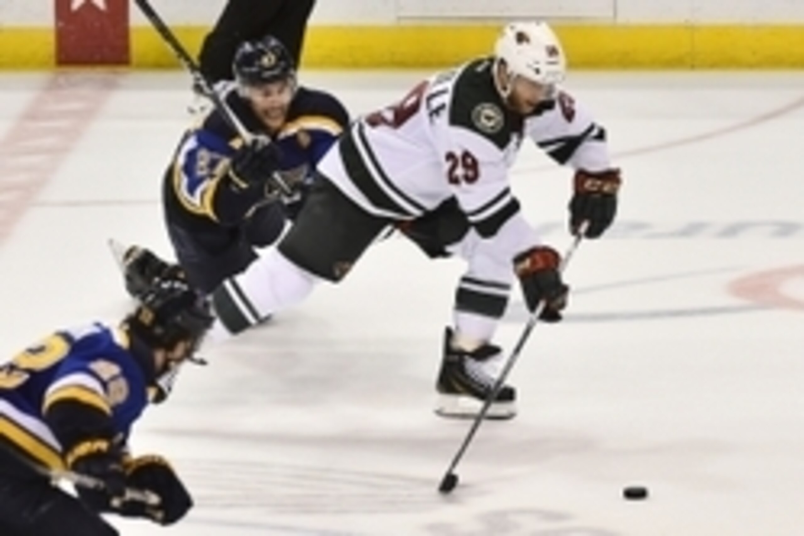 Apr 16, 2015; St. Louis, MO, USA; Minnesota Wild right wing Jason Pominville (29) takes a shot against the St. Louis Blues in the third period in game one of the first round of the the 2015 Stanley Cup Playoffs at Scottrade Center. The Minnesota Wild defe