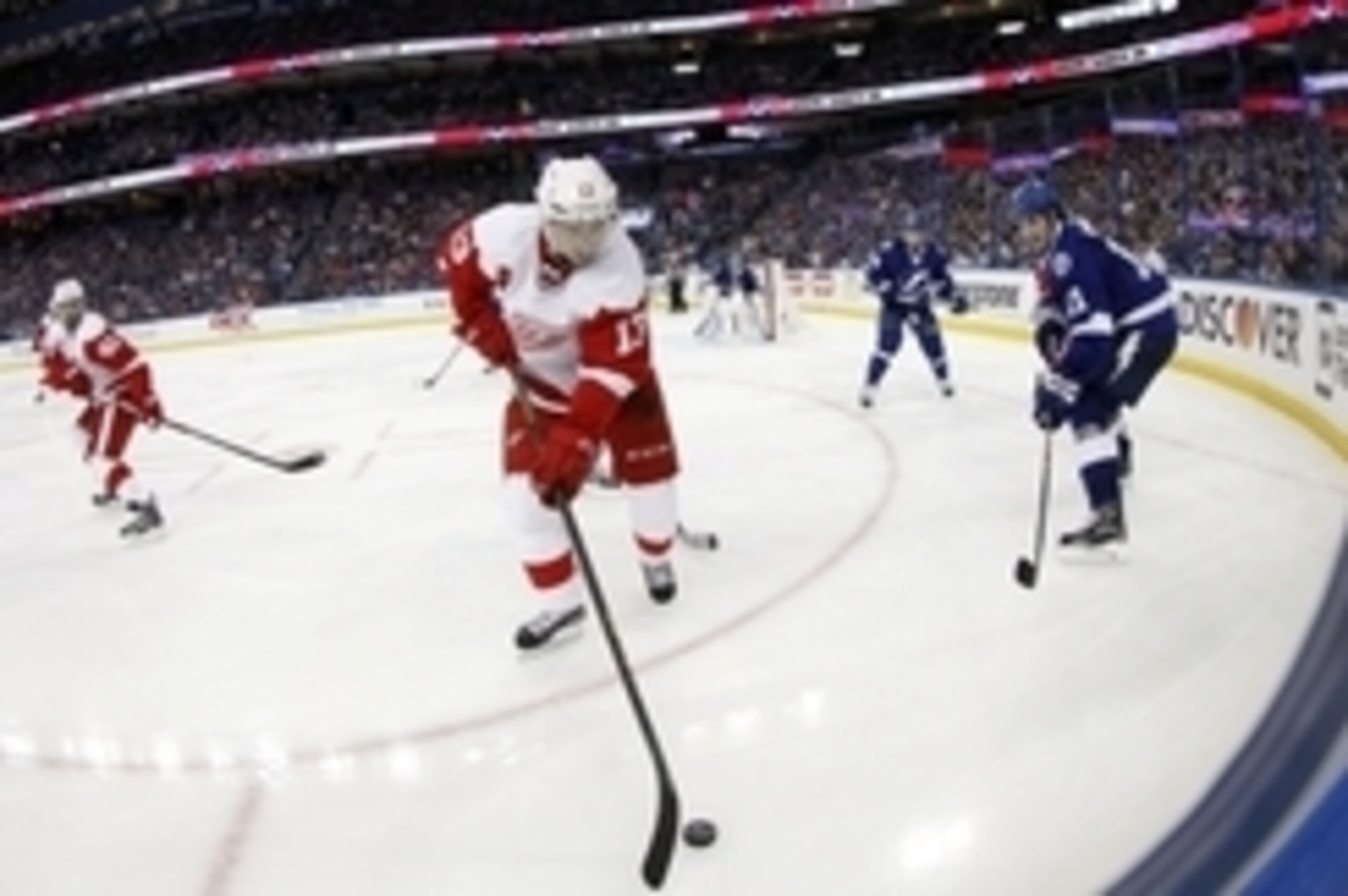 Apr 16, 2015; Tampa, FL, USA; Detroit Red Wings center Pavel Datsyuk (13) skates with the puck during the third period in game one of the first round of the the 2015 Stanley Cup Playoffs at Amalie Arena. Detroit Red Wings defeated the Tampa Bay Lightning 