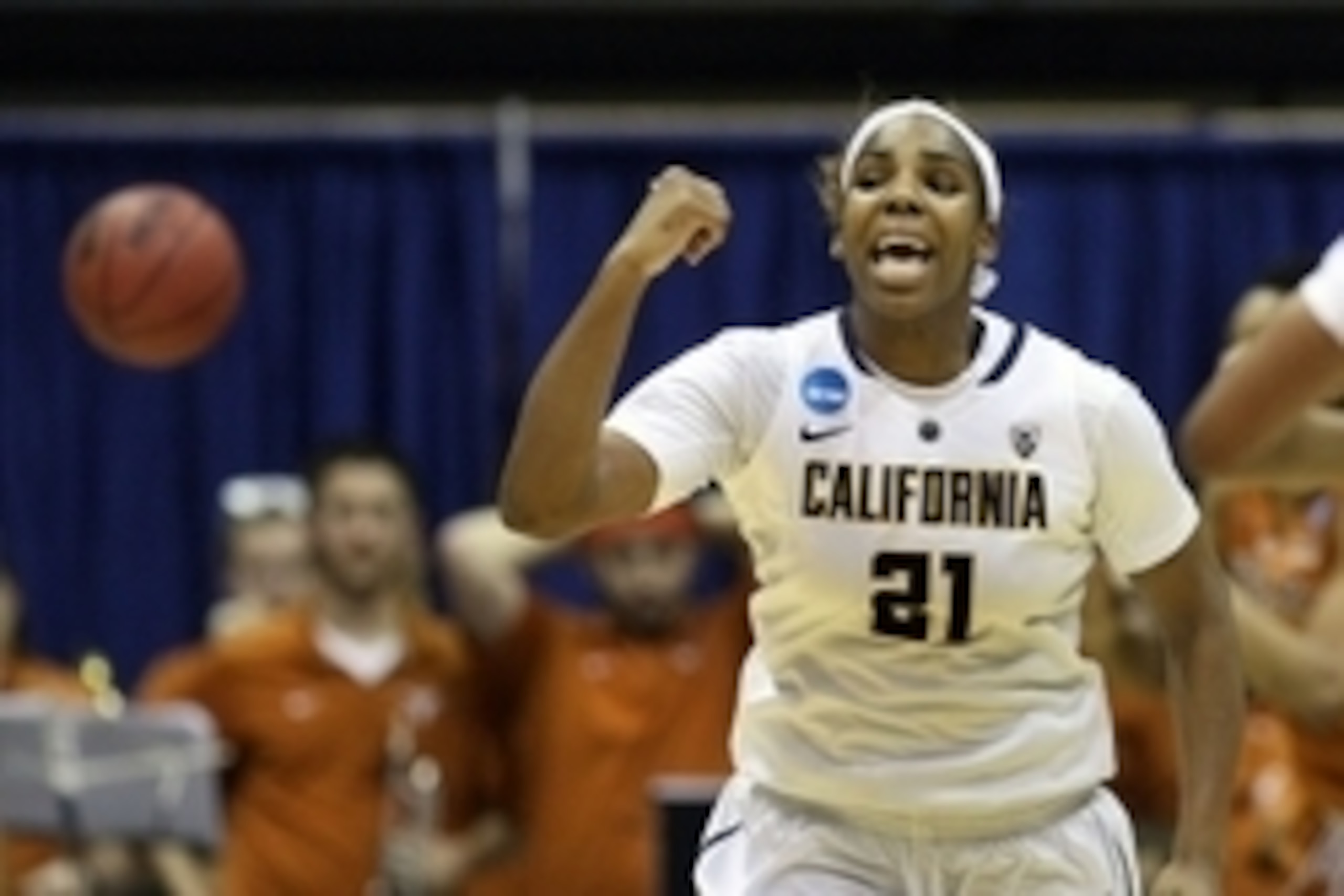 Mar 22, 2015; Berkley, CA, USA; California forward Reshanda Gray (21) celebrates a three point basket against the Texas Longhorns in the first half of their game in the second round of the women's NCAA Tournament at Hass Pavilion. Mandatory Credit: Lance 