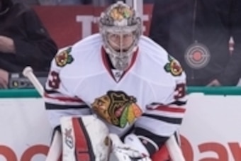 Mar 21, 2015; Dallas, TX, USA; Chicago Blackhawks goalie Scott Darling (33) skates in warm-ups prior to the game against the Dallas Stars at the American Airlines Center. The Stars shut out the Blackhawks 4-0. Mandatory Credit: Jerome Miron-USA TODAY Spor