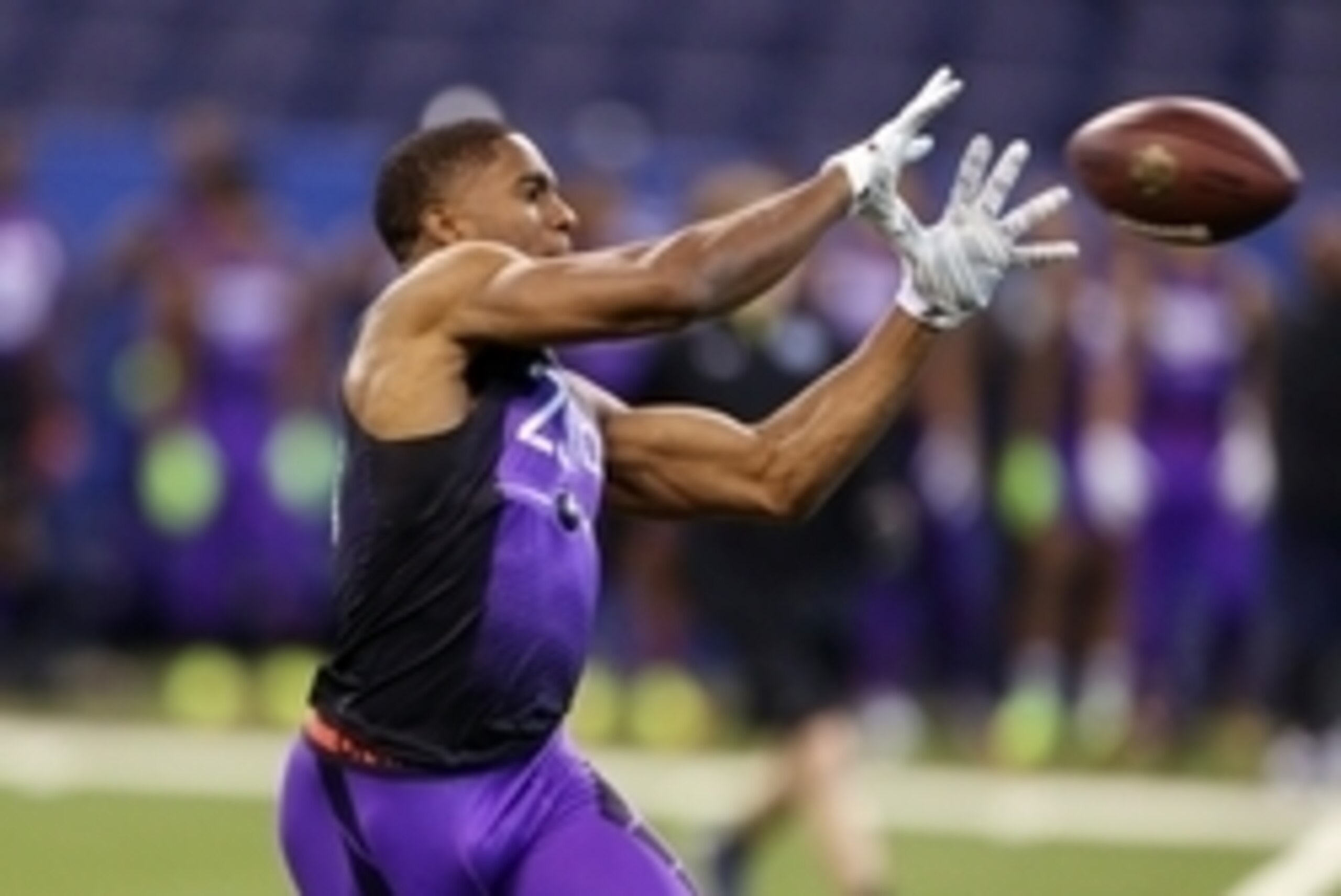 Feb 23, 2015; Indianapolis, IN, USA; Connecticut Huskies defensive back Byron Jones catches a pass in a workout drill during the 2015 NFL Combine at Lucas Oil Stadium. Mandatory Credit: Brian Spurlock-USA TODAY Sports