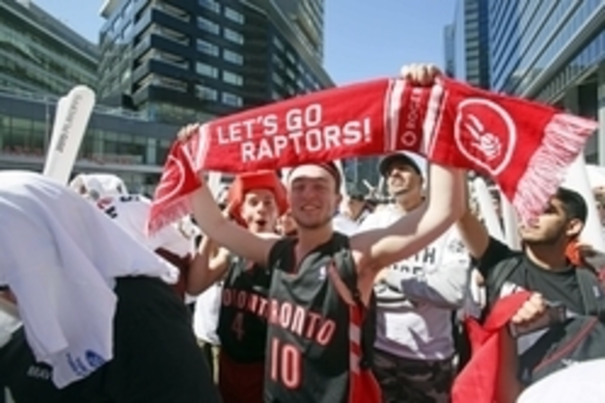 Apr 18, 2015; Toronto, Ontario, CAN; A general view of fans in Jurassic Park outside of the Air Canada Centre prior to game one of the first round of the NBA Playoffs between the Washington Wizards and Toronto Raptors. Mandatory Credit: John E. Sokolowski