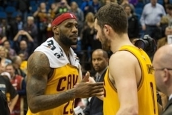 Jan 31, 2015; Minneapolis, MN, USA; Cleveland Cavaliers forward LeBron James (23) and forward Kevin Love (0) against the Minnesota Timberwolves at Target Center. The Cavaliers defeated the Timberwolves 106-90. Mandatory Credit: Brace Hemmelgarn-USA TODAY 