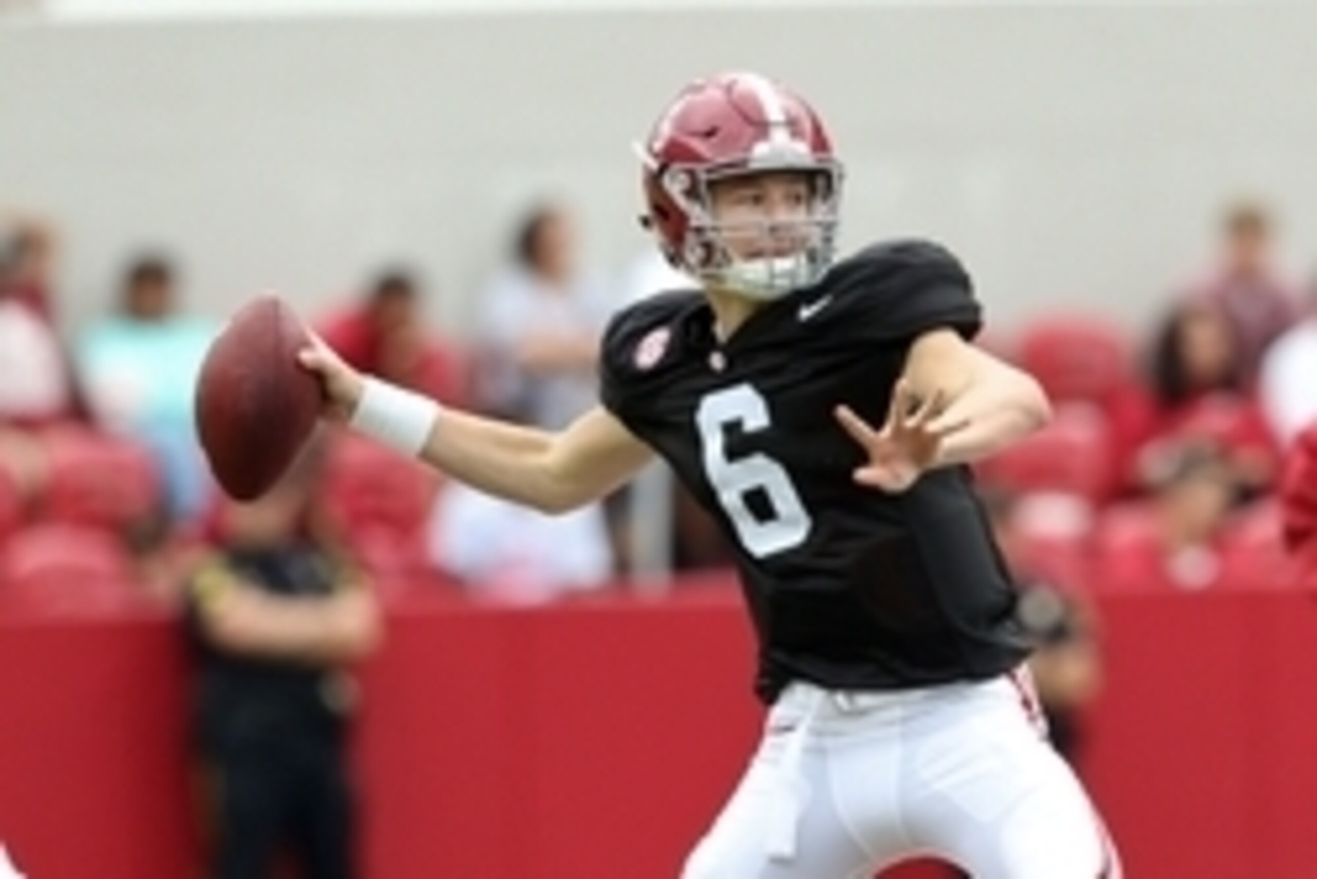 Apr 18, 2015; Tuscaloosa, AL, USA; Alabama Crimson Tide quarterback Blake Barnett (6) drops back to pass during the annual A-day game at Bryant Denny Stadium. Mandatory Credit: Marvin Gentry-USA TODAY Sports