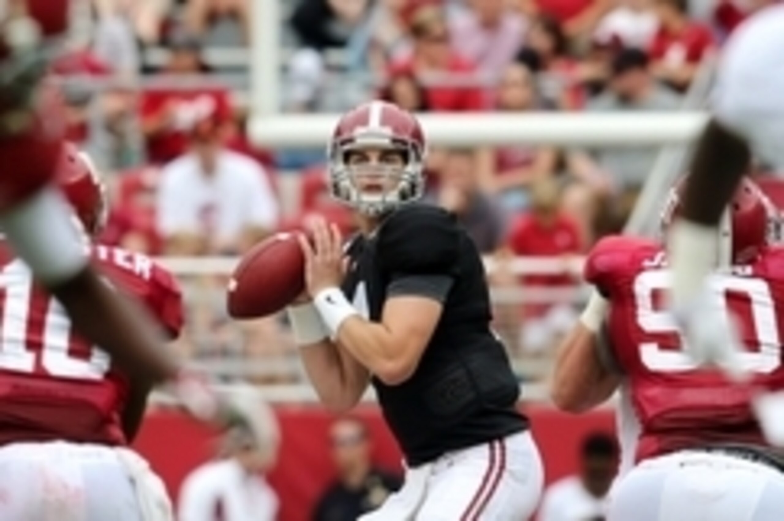 Apr 18, 2015; Tuscaloosa, AL, USA; Alabama Crimson Tide quarterback Jake Coker (14) drops back to pass against the crimson team during the annual A-day game at Bryant Denny Stadium. Mandatory Credit: Marvin Gentry-USA TODAY Sports