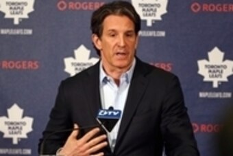 Apr 13, 2015; Toronto, Ontario, Canada; Toronto Maple Leafs president Brendan Shanahan talks to the press during a press conference at Air Canada Centre. Mandatory Credit: Tom Szczerbowski-USA TODAY Sports