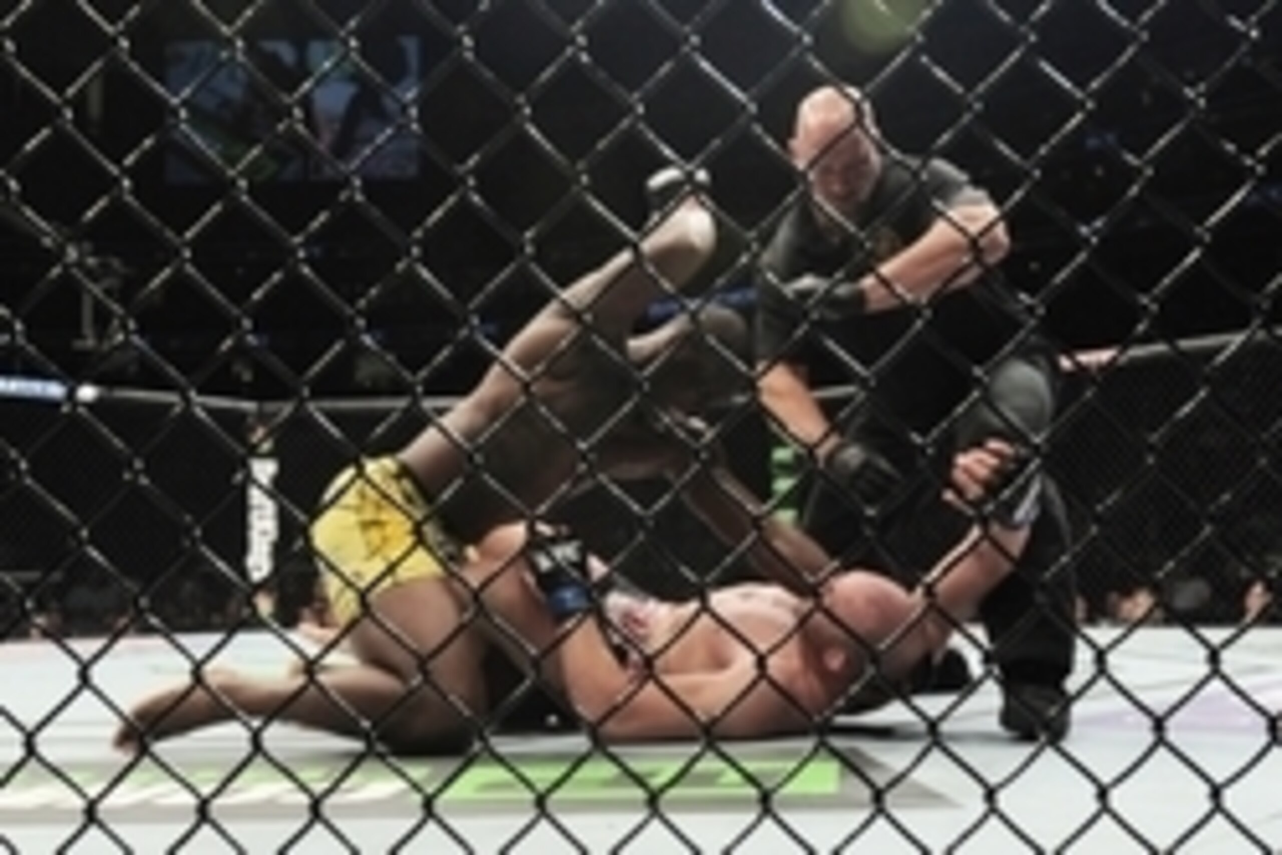 Apr 18, 2015; Newark, NJ, USA; Ovince Saint Preux  (red) knocks out Patrick Cummins (blue) during UFC Fight Night at Prudential Center. Saint Preux won via first round TKO. Mandatory Credit: Joe Camporeale-USA TODAY Sports