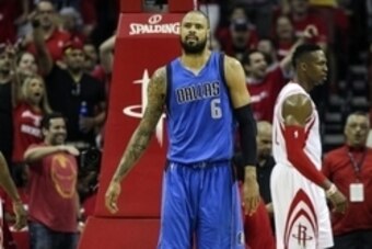 Apr 18, 2015; Houston, TX, USA; Dallas Mavericks center Tyson Chandler (6) reacts after a play during the first quarter against the Houston Rockets in game one of the first round of the NBA Playoffs at Toyota Center. Mandatory Credit: Troy Taormina-USA TO