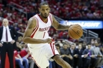 Apr 18, 2015; Houston, TX, USA; Houston Rockets forward Trevor Ariza (1) drives the ball during the second quarter against the Dallas Mavericks in game one of the first round of the NBA Playoffs at Toyota Center. Mandatory Credit: Troy Taormina-USA TODAY 