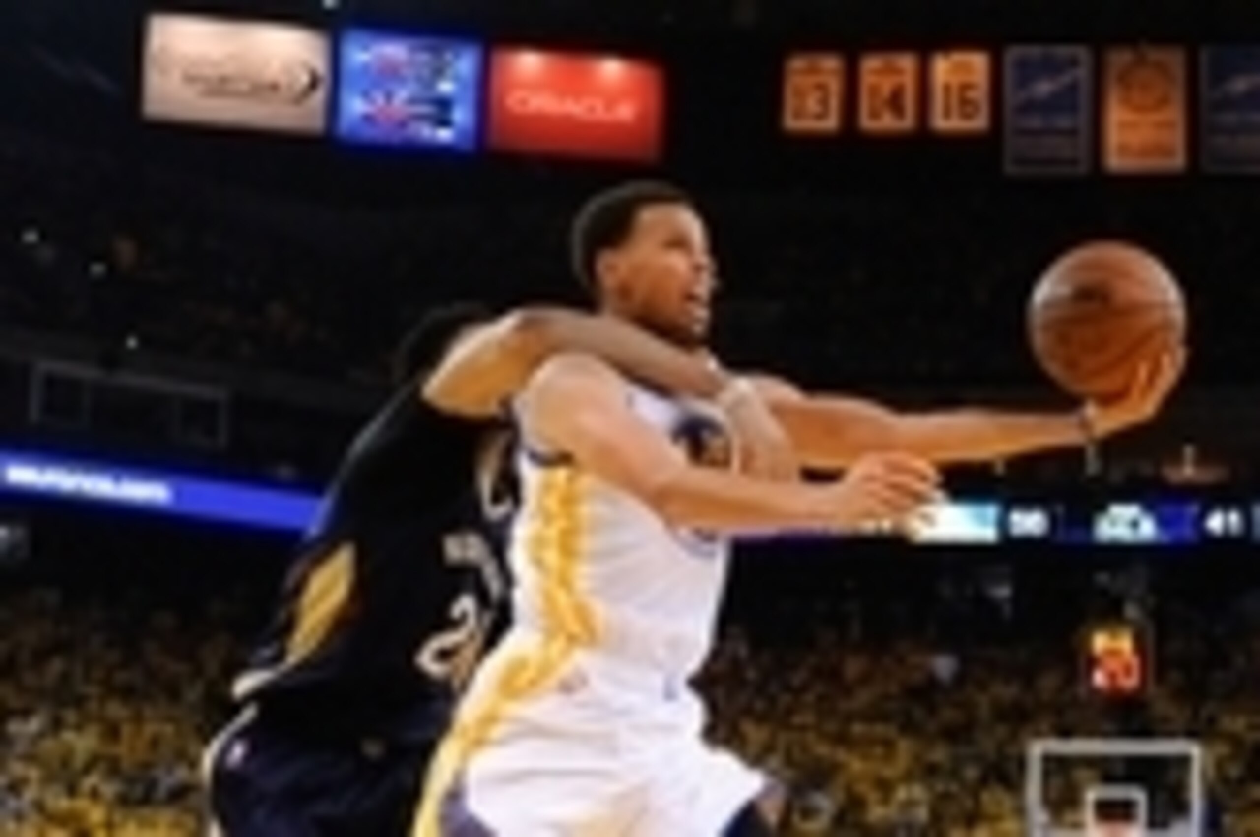April 18, 2015; Oakland, CA, USA; Golden State Warriors guard Stephen Curry (30, right) shoots the basketball against New Orleans Pelicans forward Anthony Davis (23, left) during the second quarter in game one of the first round of the NBA Playoffs at Ora
