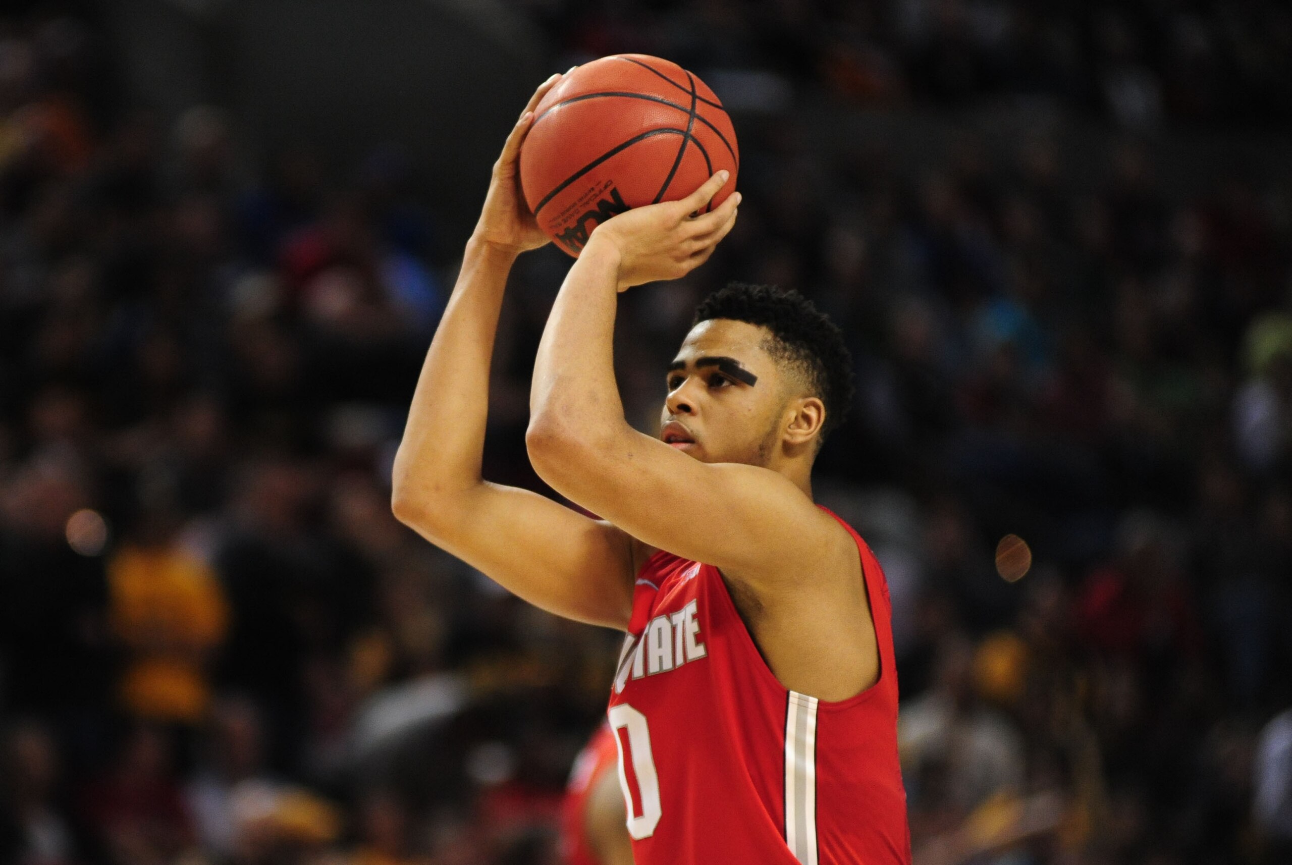 Mar 19, 2015; Portland, OR, USA; Ohio State Buckeyes guard D'Angelo Russell (0) shoots flagrant 1 foul shots against the Virginia Commonwealth Rams during the second half in the second round of the 2015 NCAA Tournament at Moda Center. Mandatory Credit: Go Mar 19, 2015; Portland, OR, USA; Ohio State Buckeyes guard D'Angelo Russell (0) shoots flagrant 1 foul shots against the Virginia Commonwealth Rams during the second half in the second round of the 2015 NCAA Tournament at Moda Center. Mandatory Credit: Go