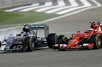Rosberg dices with Raikkonen late in the race.