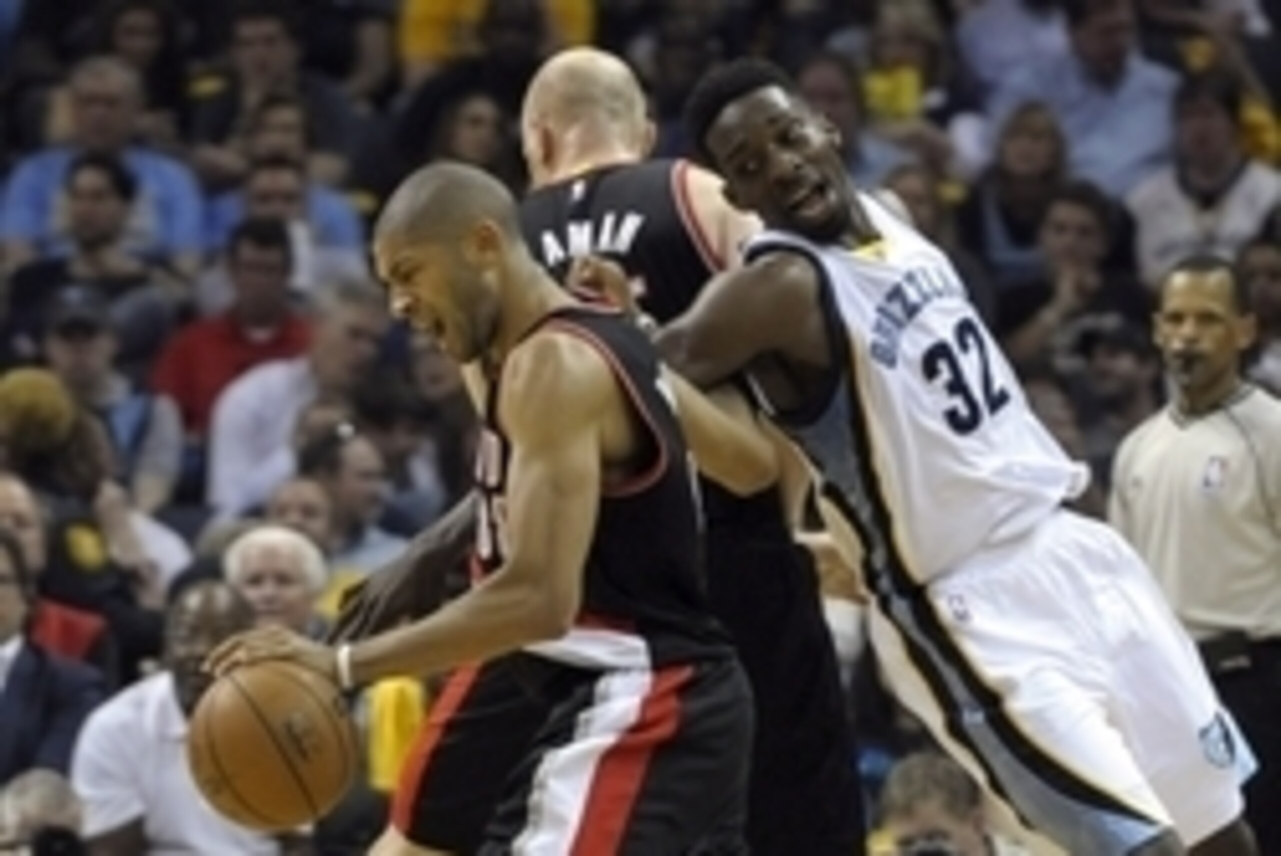 Apr 19, 2015; Memphis, TN, USA; Portland Trail Blazers forward Portland Trail Blazers center Chris Kaman (35) sets a pick for Portland Trail Blazers forward Nicolas Batum (88) against Memphis Grizzlies forward Jeff Green (32) during the game in game one Apr 19, 2015; Memphis, TN, USA; Portland Trail Blazers forward Portland Trail Blazers center Chris Kaman (35) sets a pick for Portland Trail Blazers forward Nicolas Batum (88) against Memphis Grizzlies forward Jeff Green (32) during the game in game one