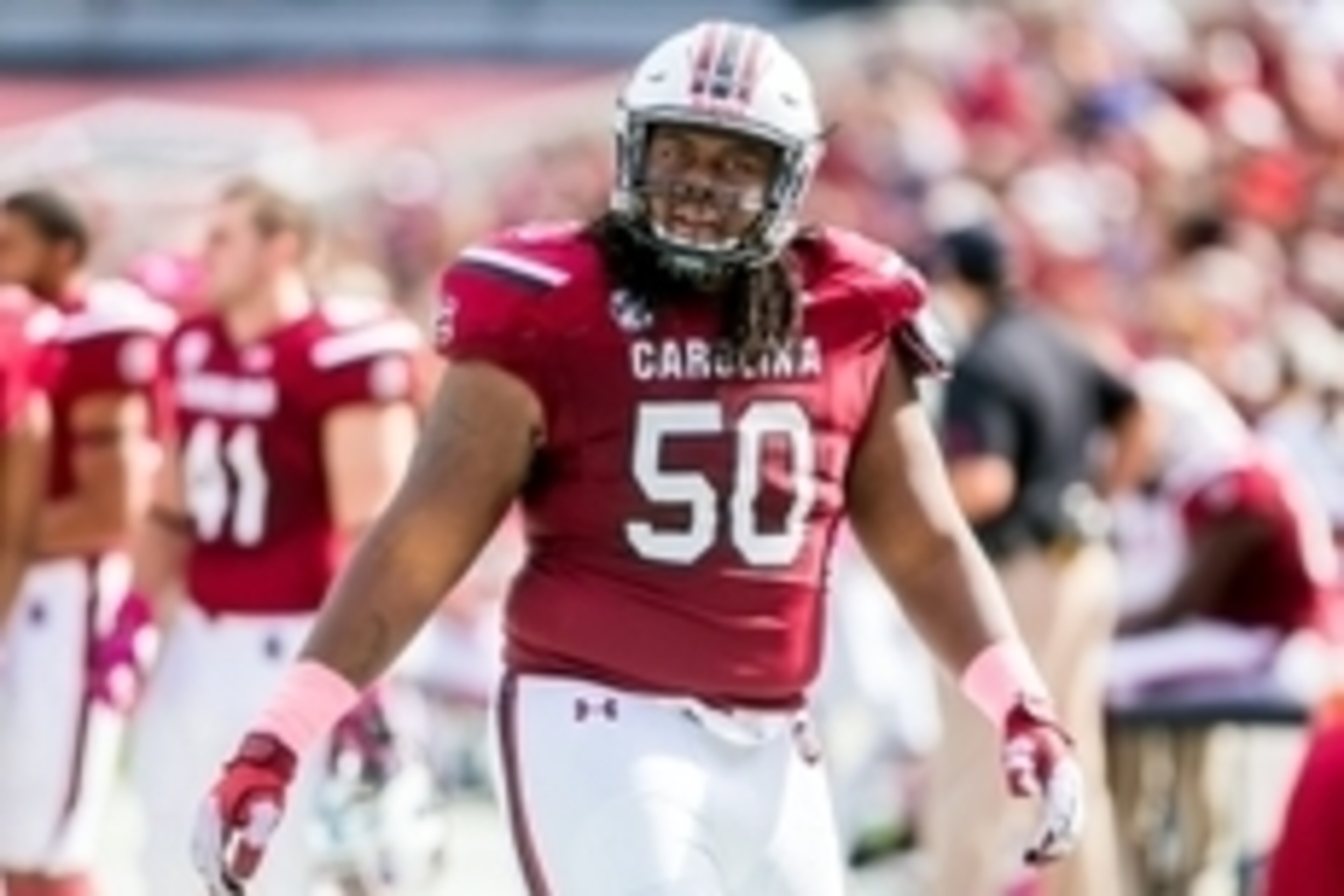 Oct 18, 2014; Columbia, SC, USA; South Carolina Gamecocks guard A.J. Cann (50) on the sidelines against the Furman Paladins in the second half at Williams-Brice Stadium. Mandatory Credit: Jeff Blake-USA TODAY Sports Oct 18, 2014; Columbia, SC, USA; South Carolina Gamecocks guard A.J. Cann (50) on the sidelines against the Furman Paladins in the second half at Williams-Brice Stadium. Mandatory Credit: Jeff Blake-USA TODAY Sports